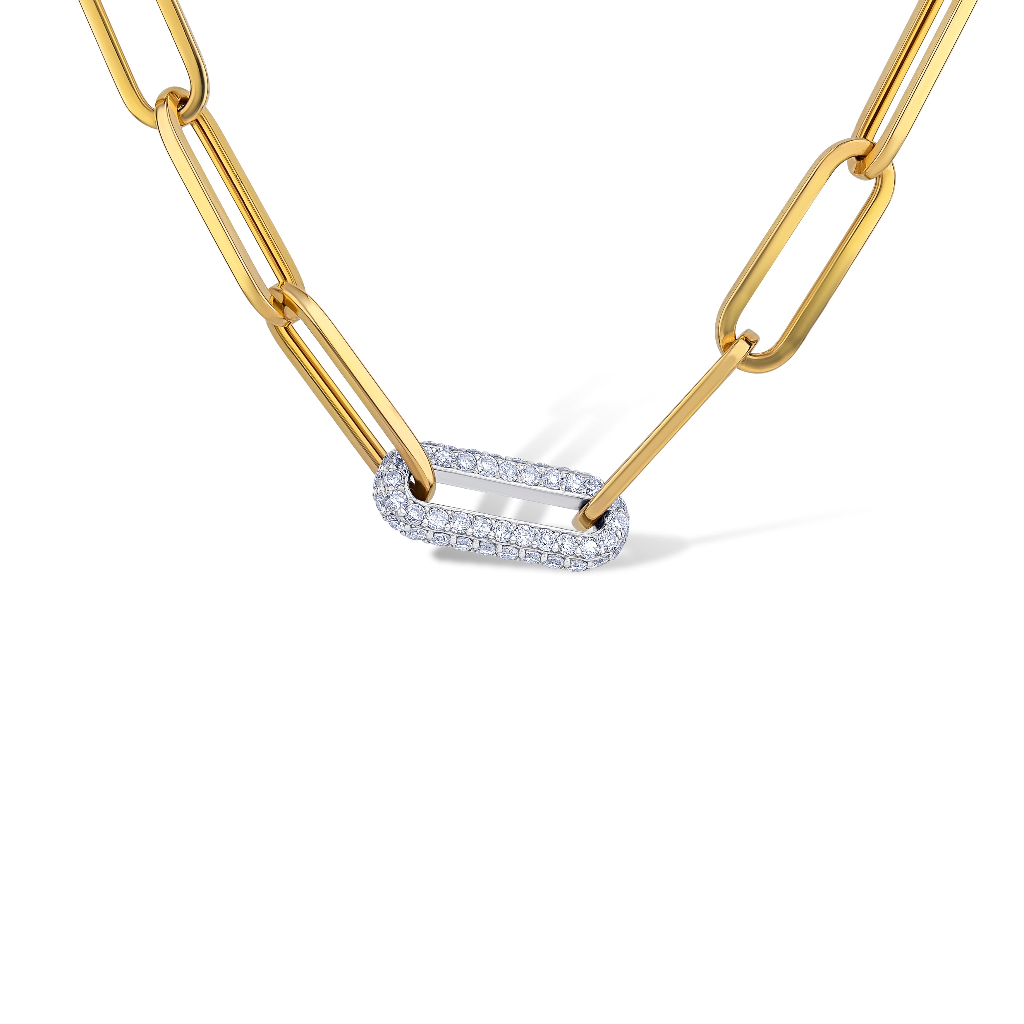 14K Yellow Gold Round Cut Diamond Link Paper Clip Necklace