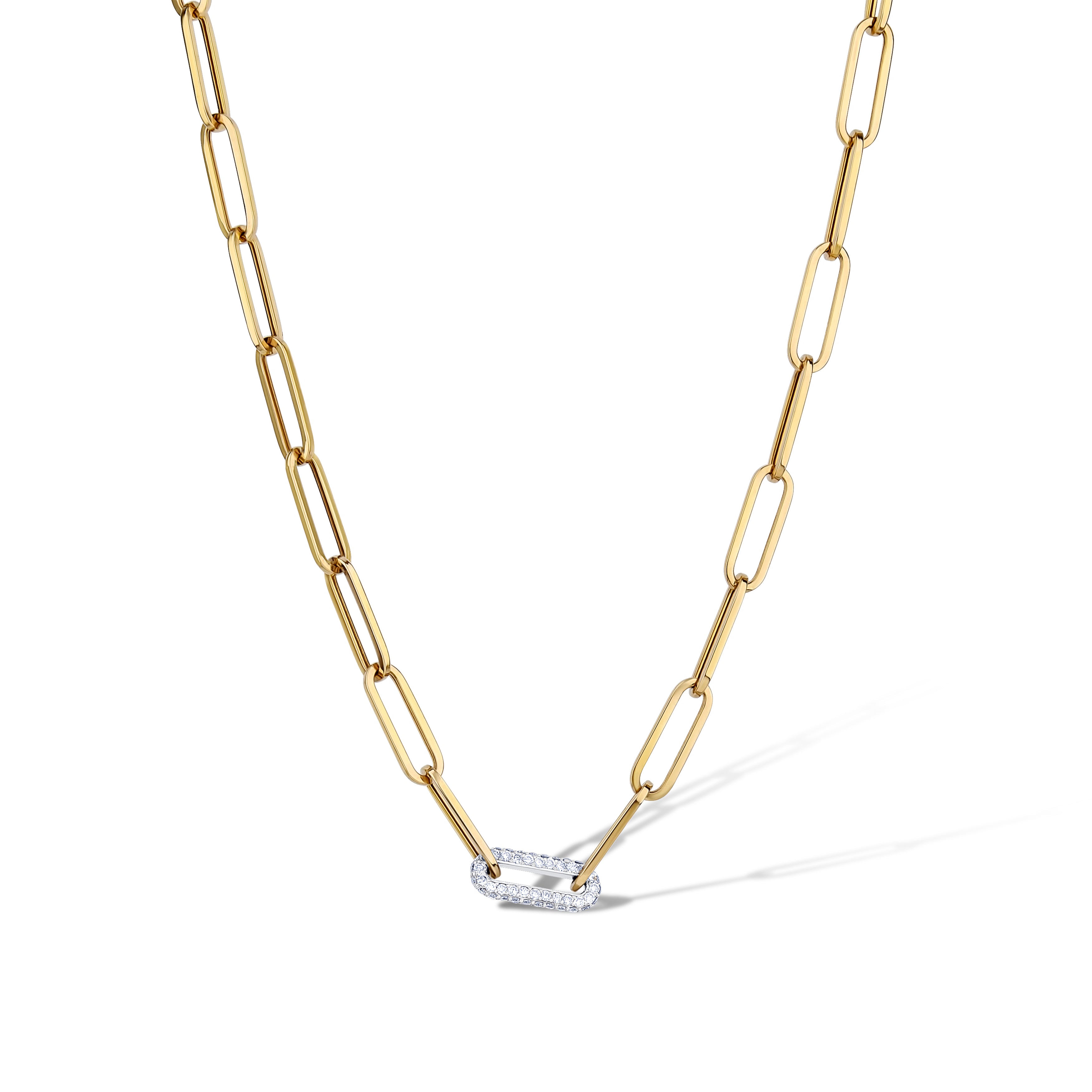 14K Yellow Gold Round Cut Diamond Link Paper Clip Necklace