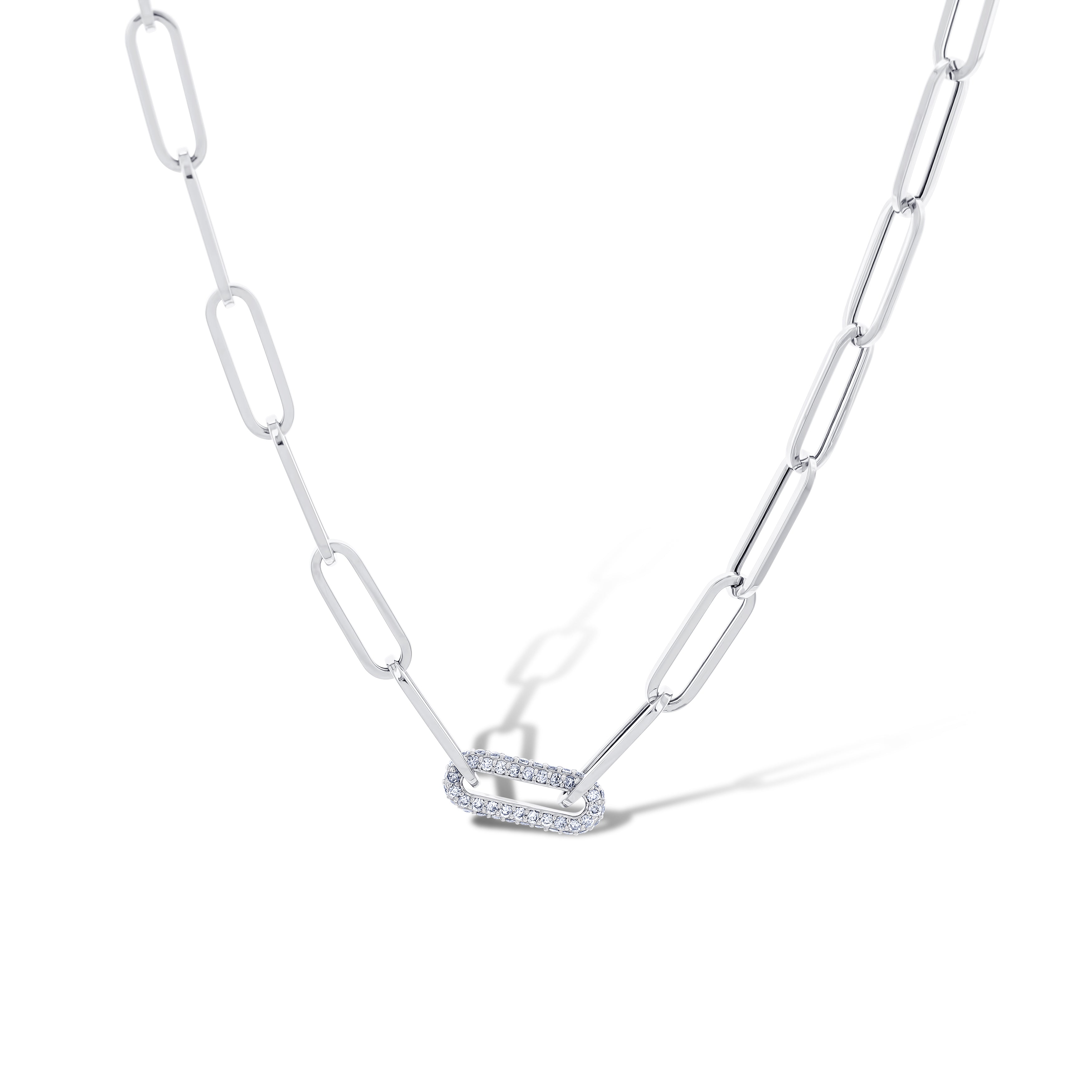 14K White Gold Paperclip Round Cut Diamond Necklace