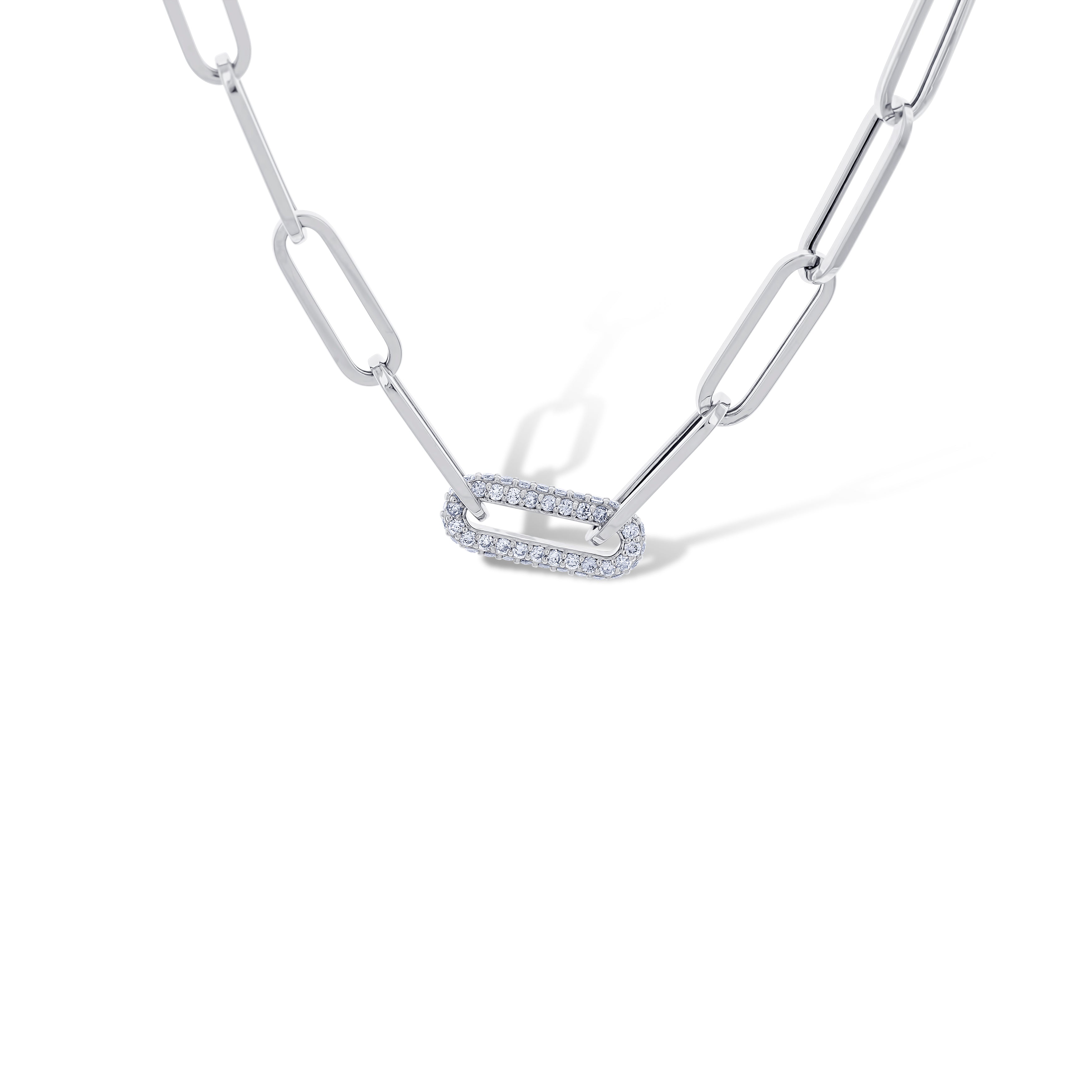 14K White Gold Paperclip Round Cut Diamond Necklace