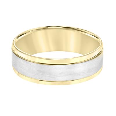 14K White Gold and 14K Yellow Gold Carved Round Edge Wedding Band