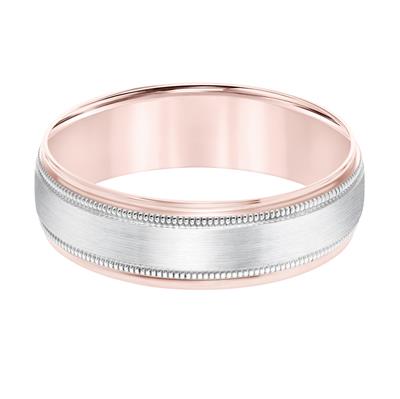 14K White Gold and 14K Rose Gold Milgrain Accent Milgrain Center Brushed Finish Wedding Band 6mm