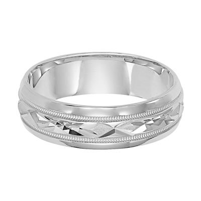 14K White Gold Milgrain Carved Round Edge Wedding Band 6mm