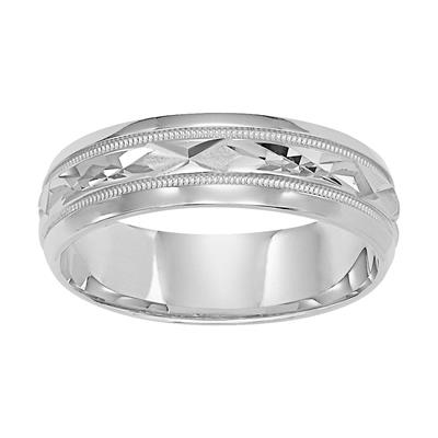14K White Gold Milgrain Carved Round Edge Wedding Band 6mm