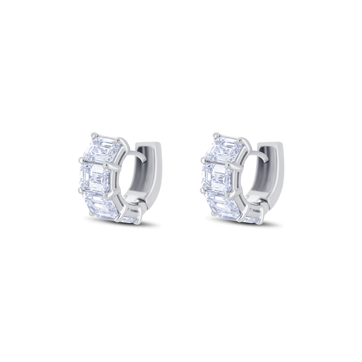 18K White Gold Emerald Cut Diamond Huggie Earrings