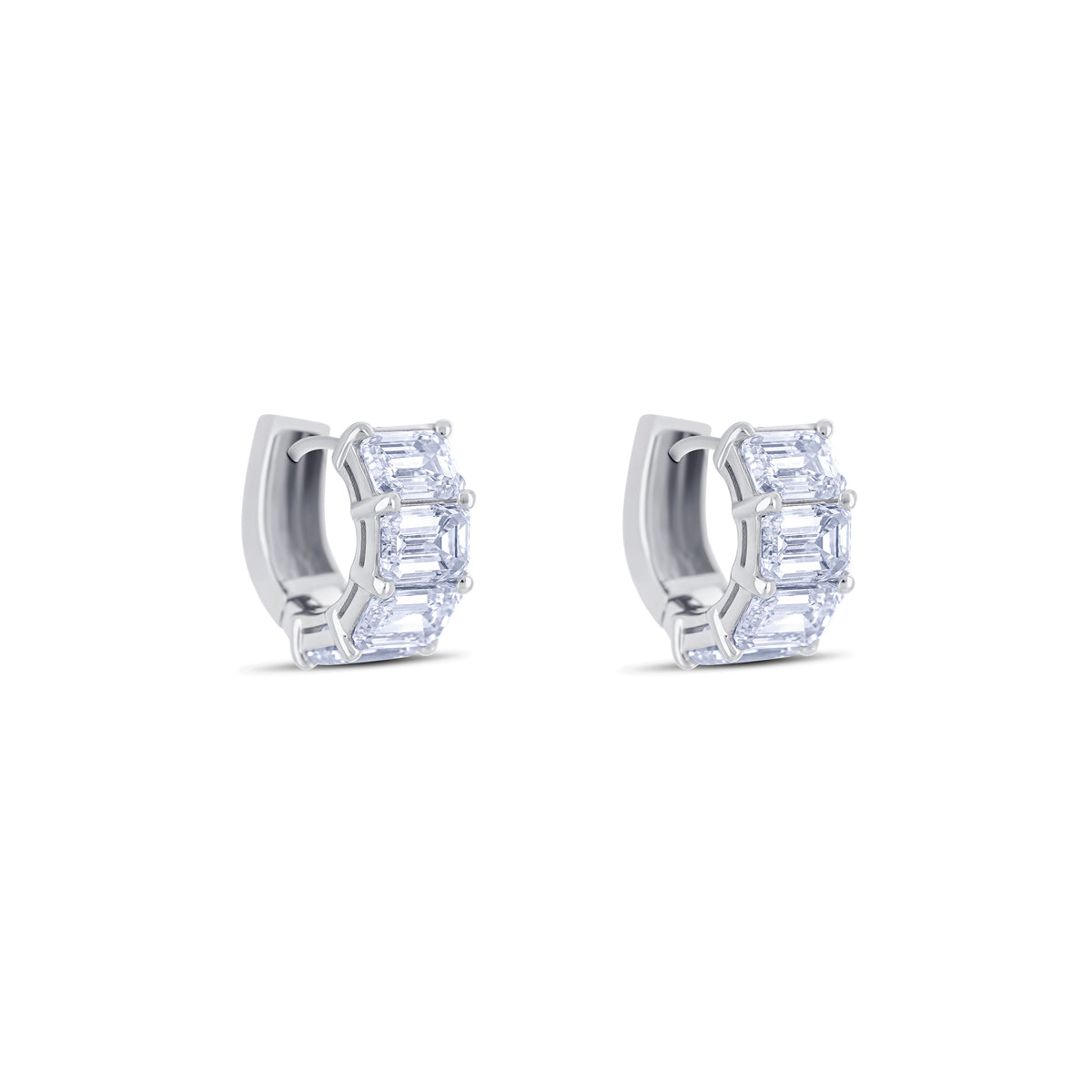18K White Gold Emerald Cut Diamond Huggie Earrings