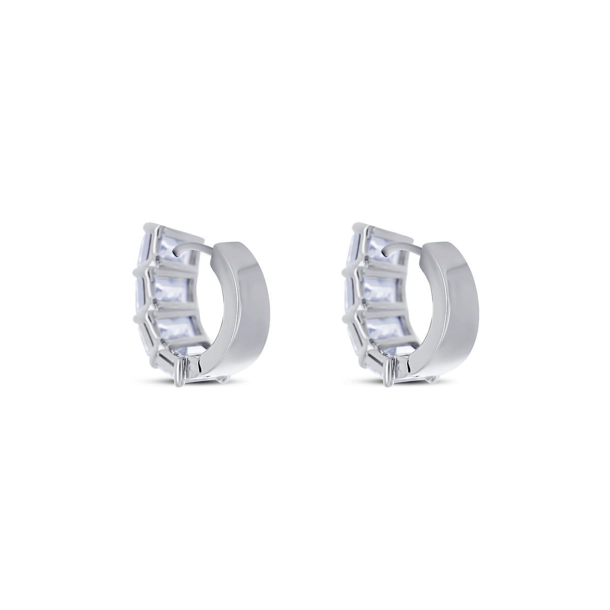 18K White Gold Emerald Cut Diamond Huggie Earrings