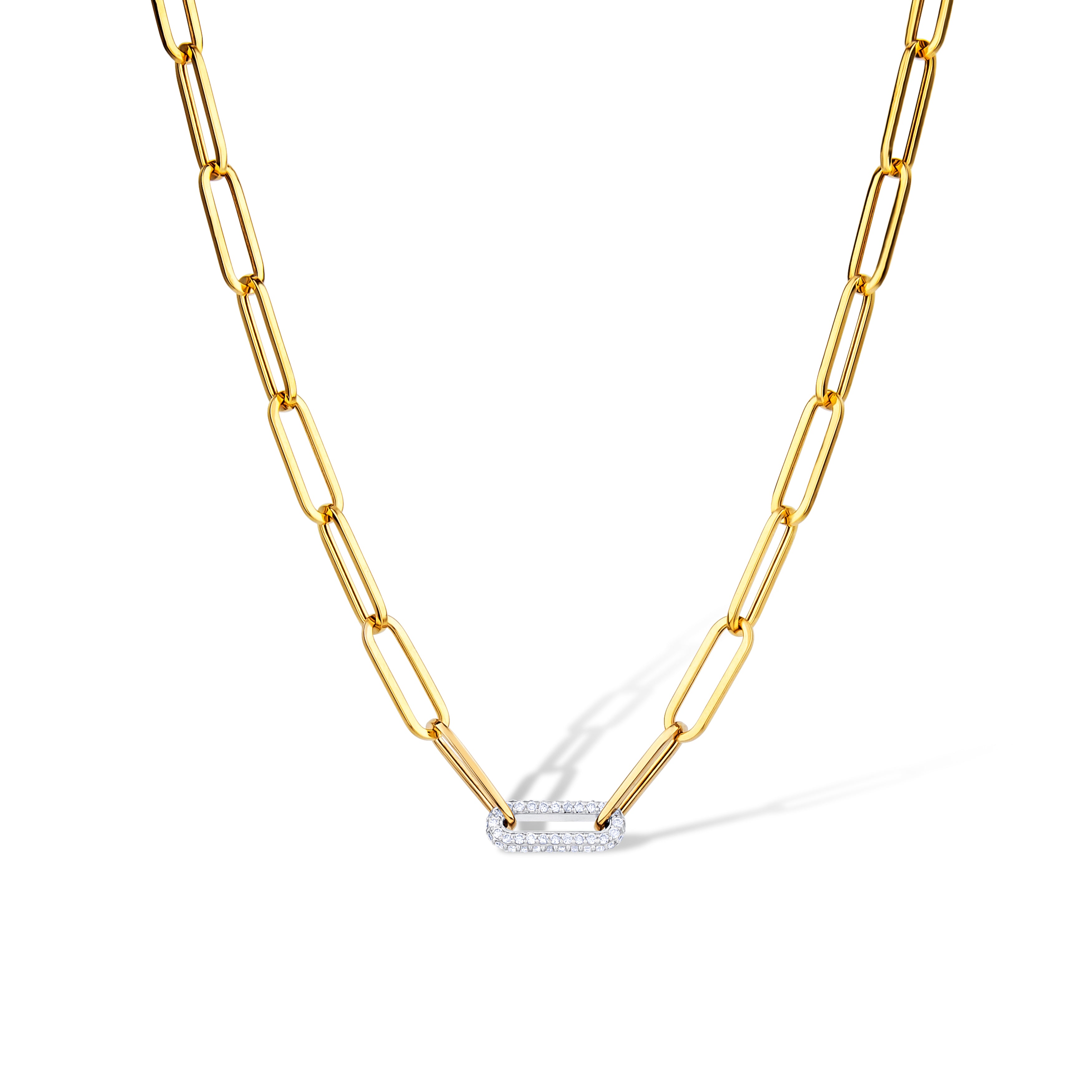 14K Yellow Gold Round Cut Diamond Link Paper Clip Necklace