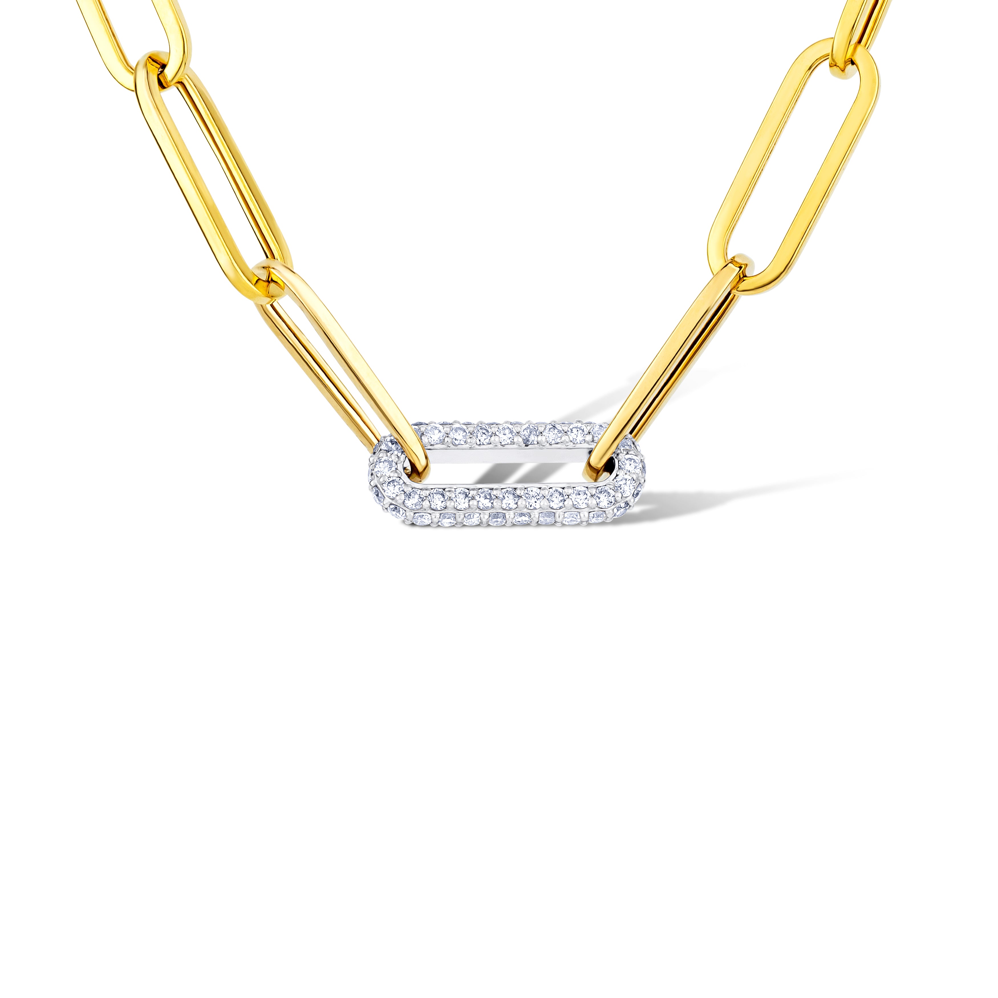 14K Yellow Gold Round Cut Diamond Link Paper Clip Necklace