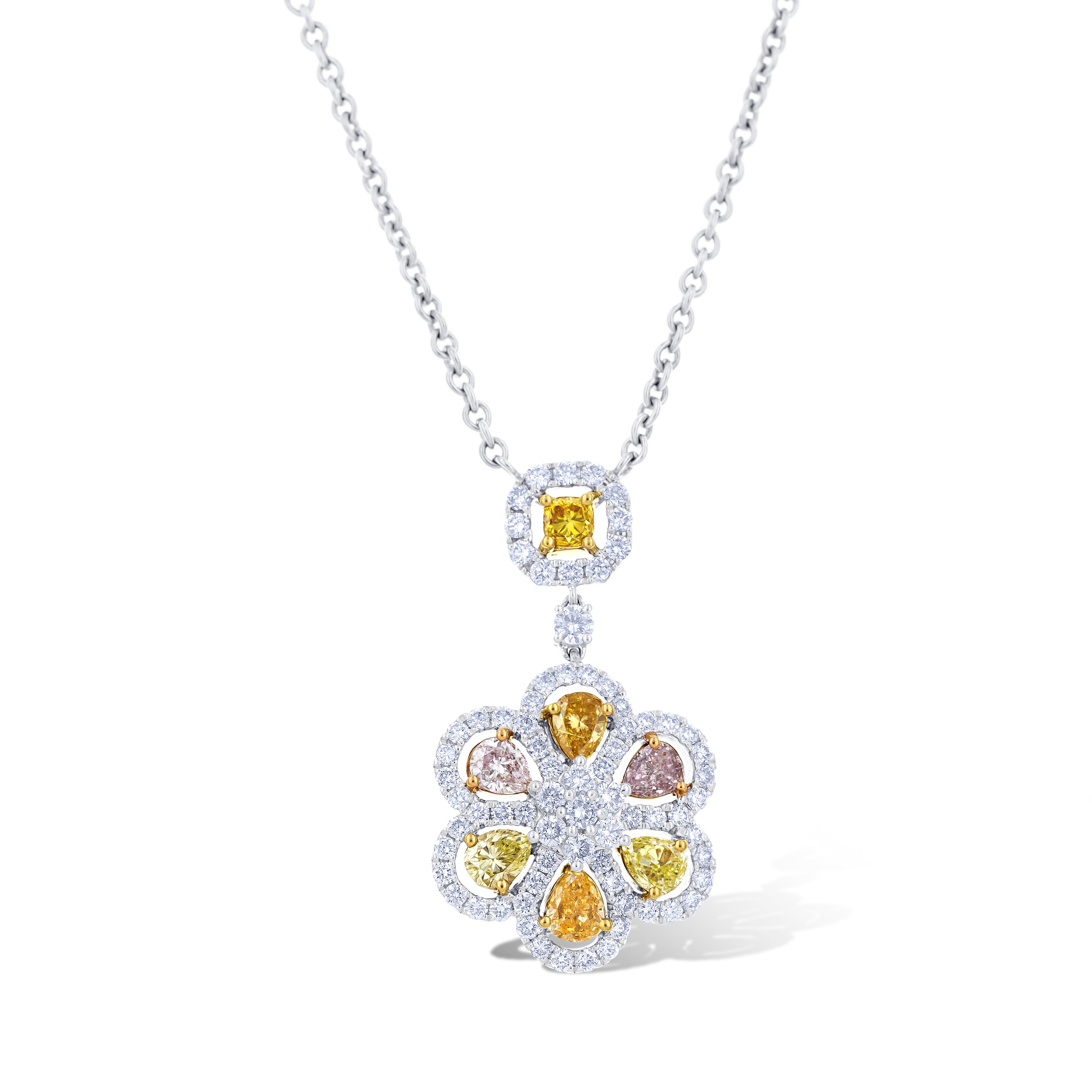 18K White Gold Fancy Colored Pear Cut Diamonds and Flower Shaped Halo Necklace