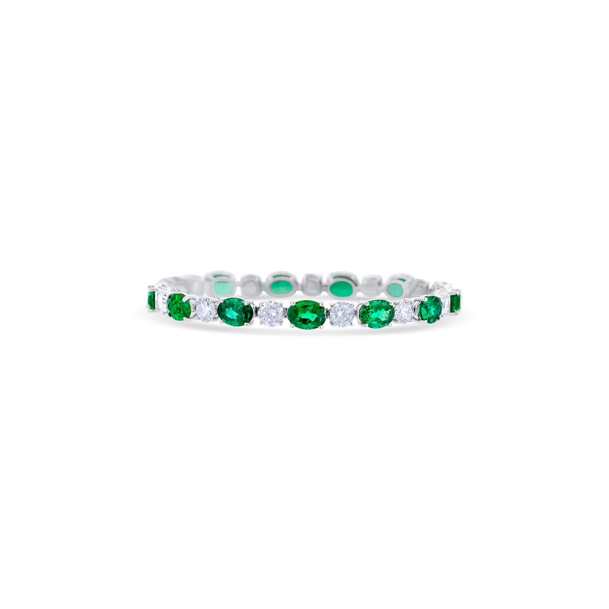 18K White Gold Oval, Emerald and Round Cut Diamonds Tennis Bracelet