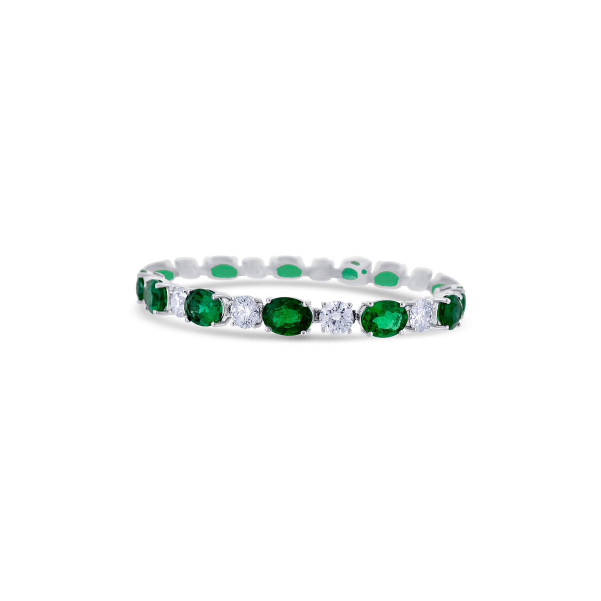 18K White Gold Oval, Emerald and Round Cut Diamonds Tennis Bracelet