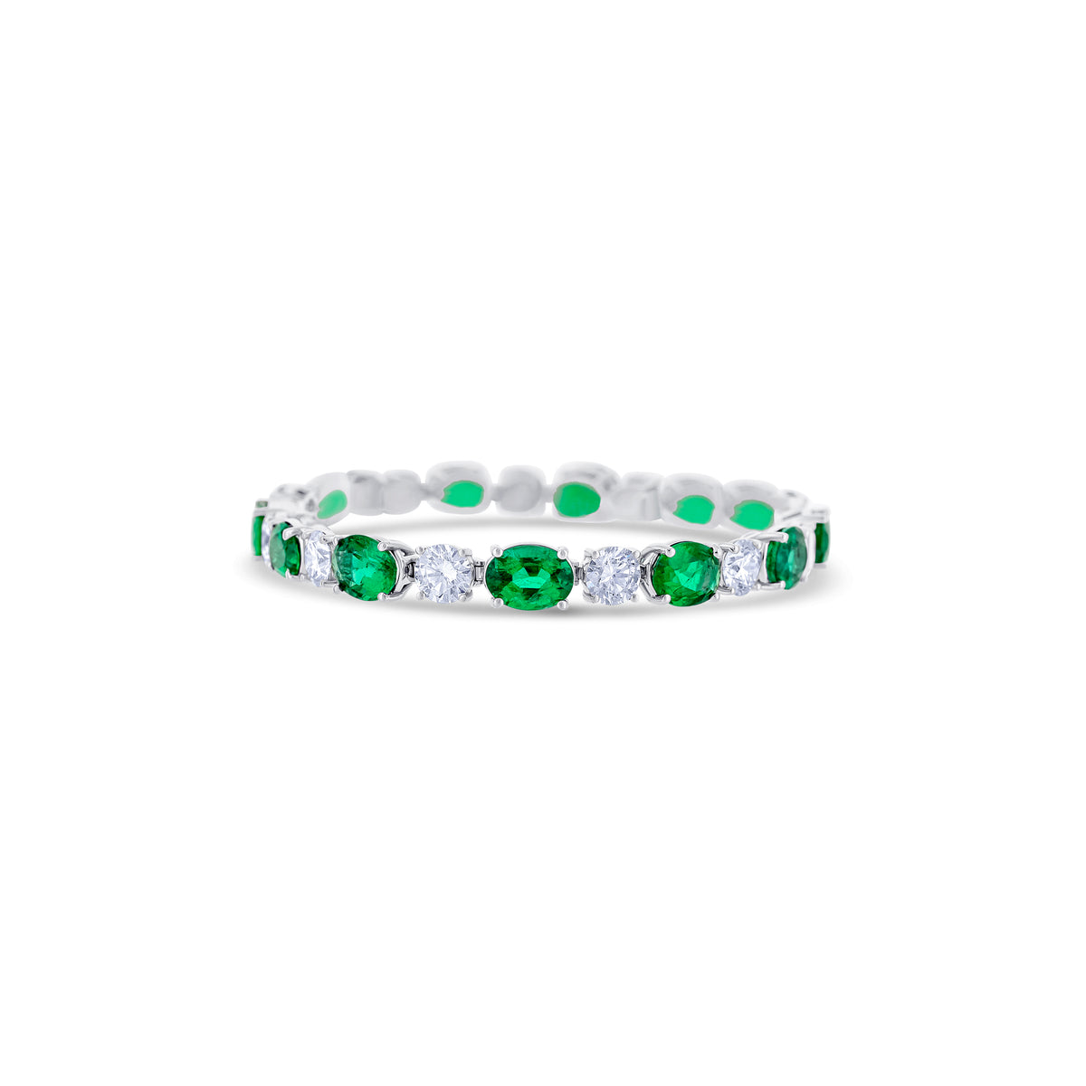 18K White Gold Oval, Emerald and Round Cut Diamonds Tennis Bracelet
