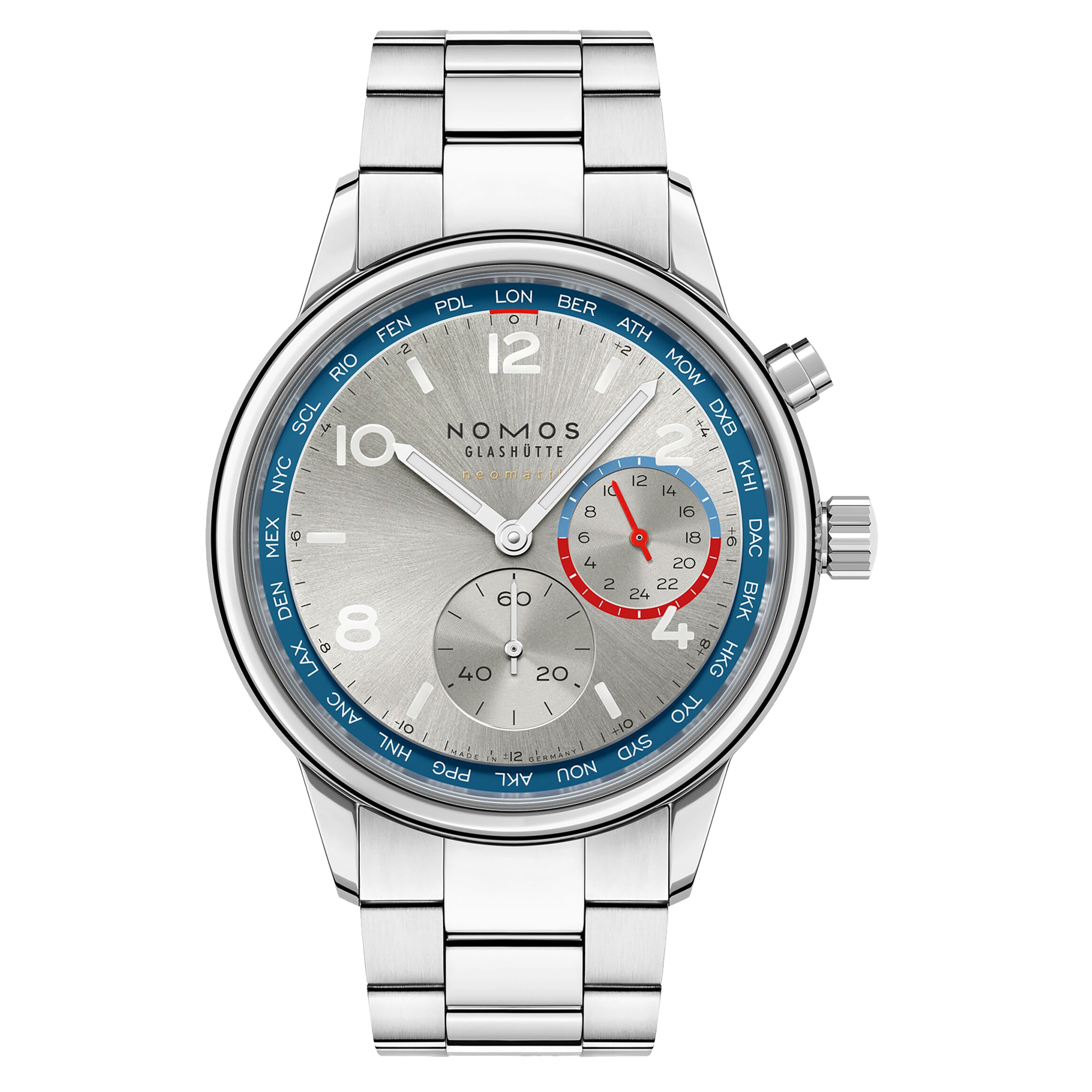 Nomos Glashutte Club Sport Neomatik Worldtimer Silver Watch, 40mm Silver Dial, 791