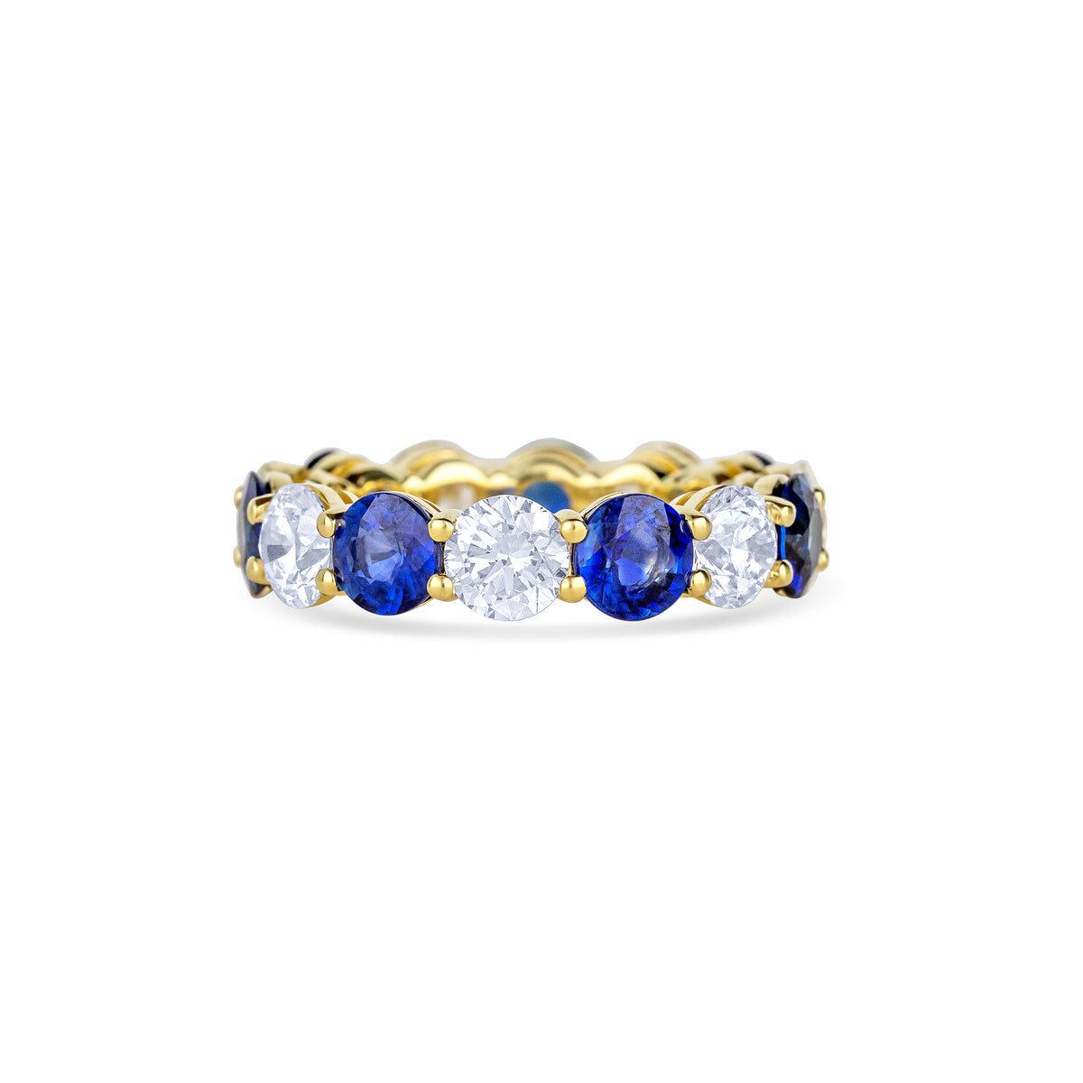 18K Yellow Gold Round Sapphire and Round Cut Diamond Eternity Wedding Band