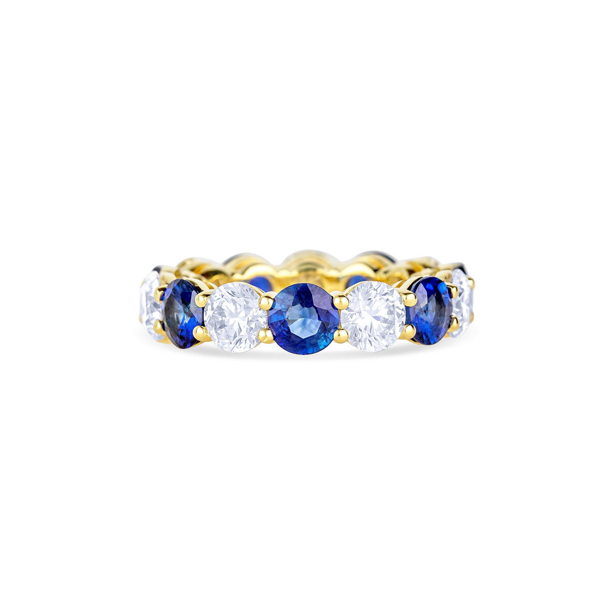 18K Yellow Gold Round Sapphire and Round Cut Diamond Eternity Wedding Band