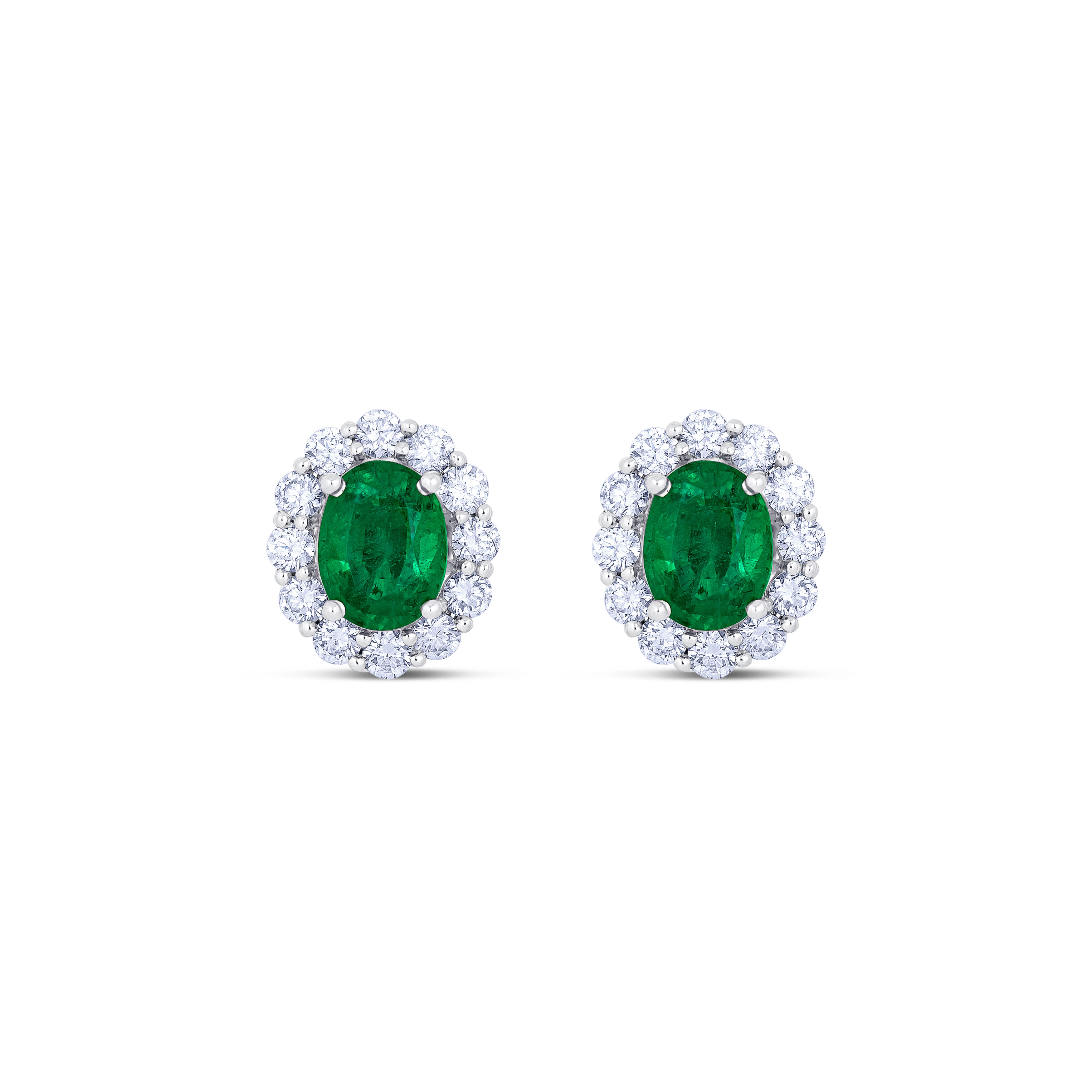 18K White Gold Oval Cut Emerald with Diamond Halo Post Earrings
