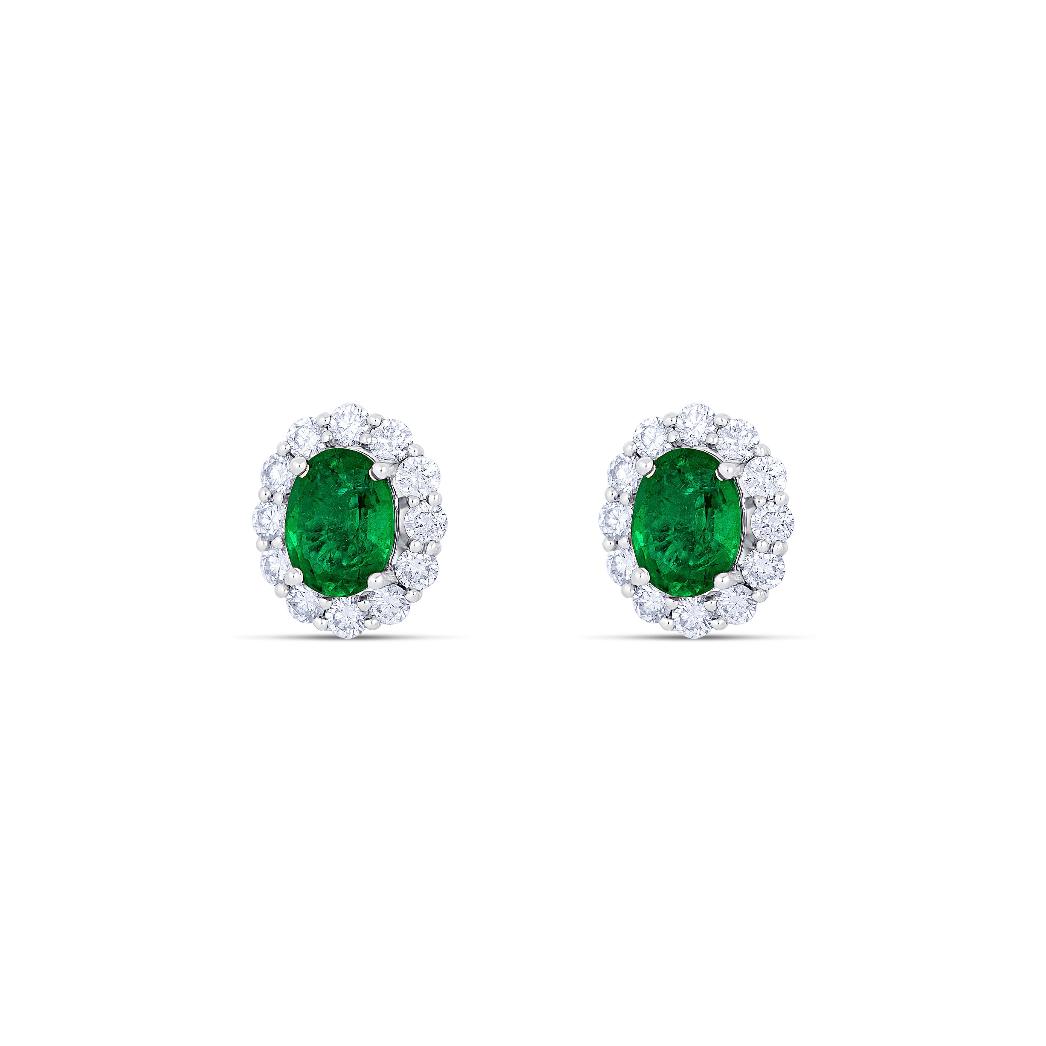 18K White Gold Oval Cut Emerald with Diamond Halo Post Earrings