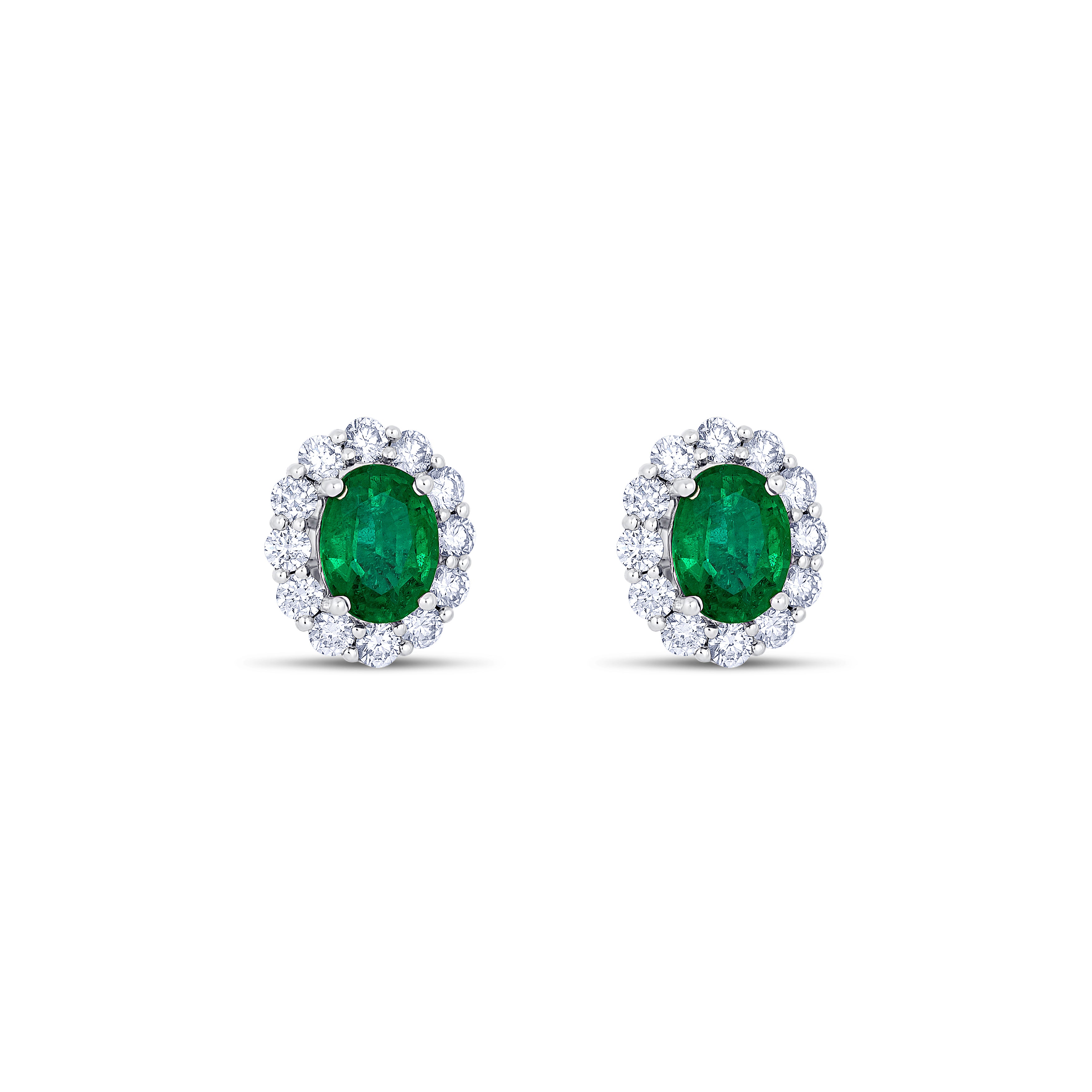 18K White Gold Oval Cut Emerald with Diamond Halo Post Earrings