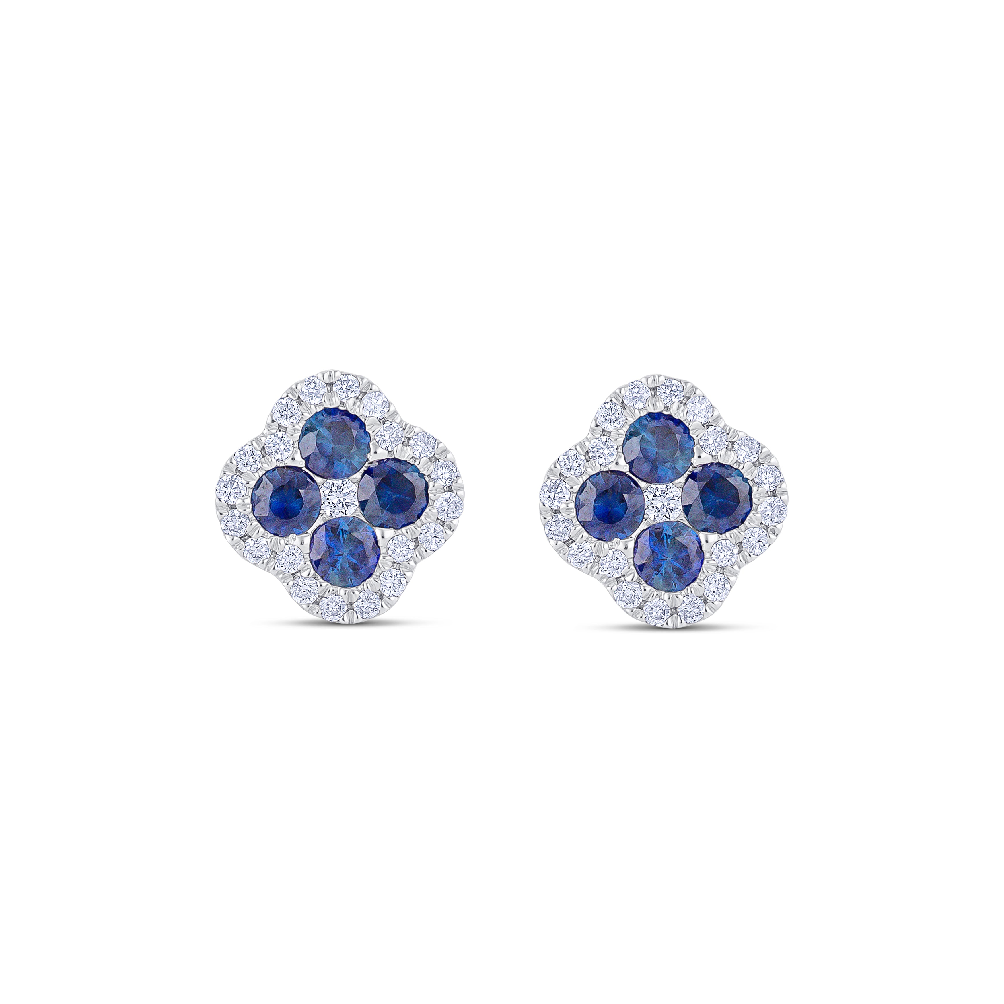 18K White Gold Round Cut Sapphire and Round Cut Diamonds Stud Earrings