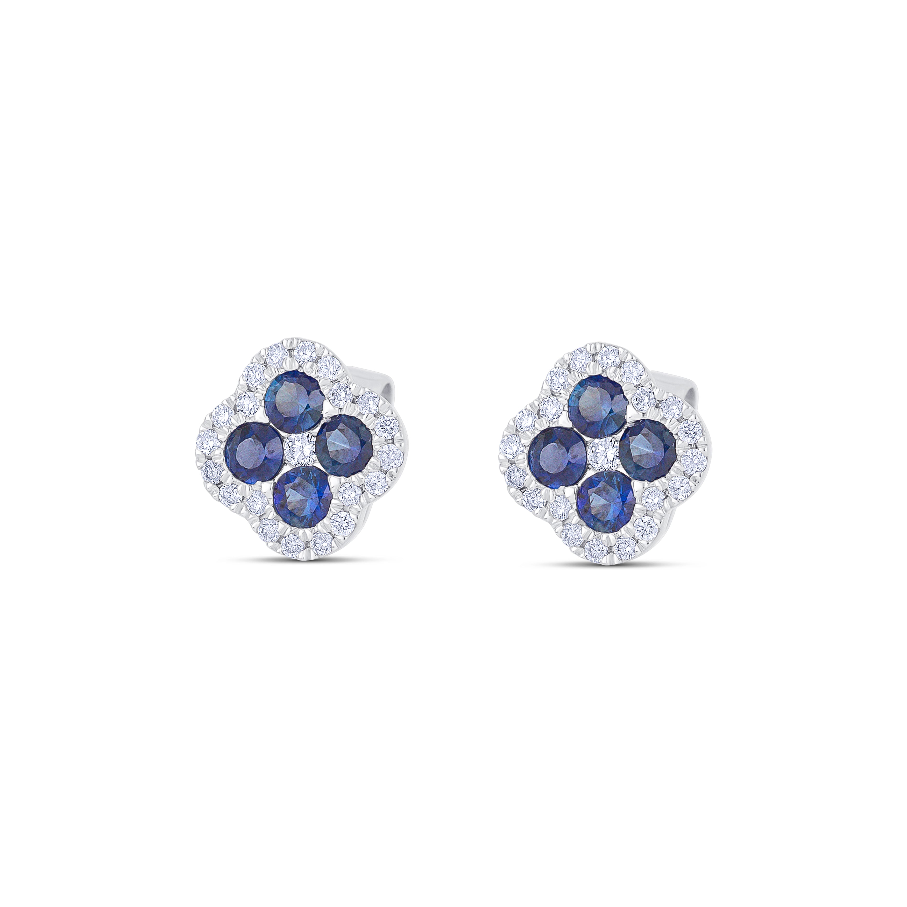 18K White Gold Round Cut Sapphire and Round Cut Diamonds Stud Earrings