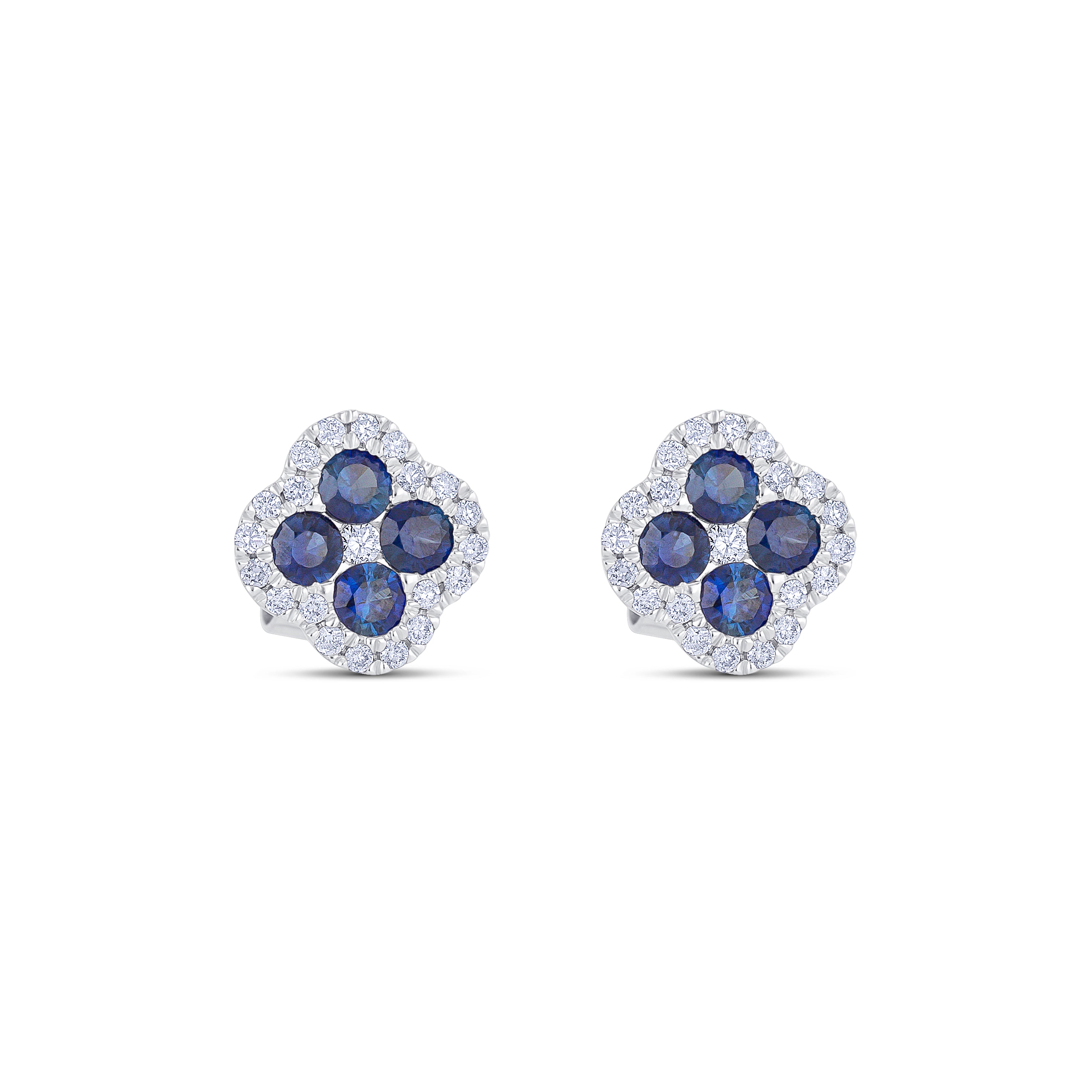 18K White Gold Round Cut Sapphire and Round Cut Diamonds Stud Earrings