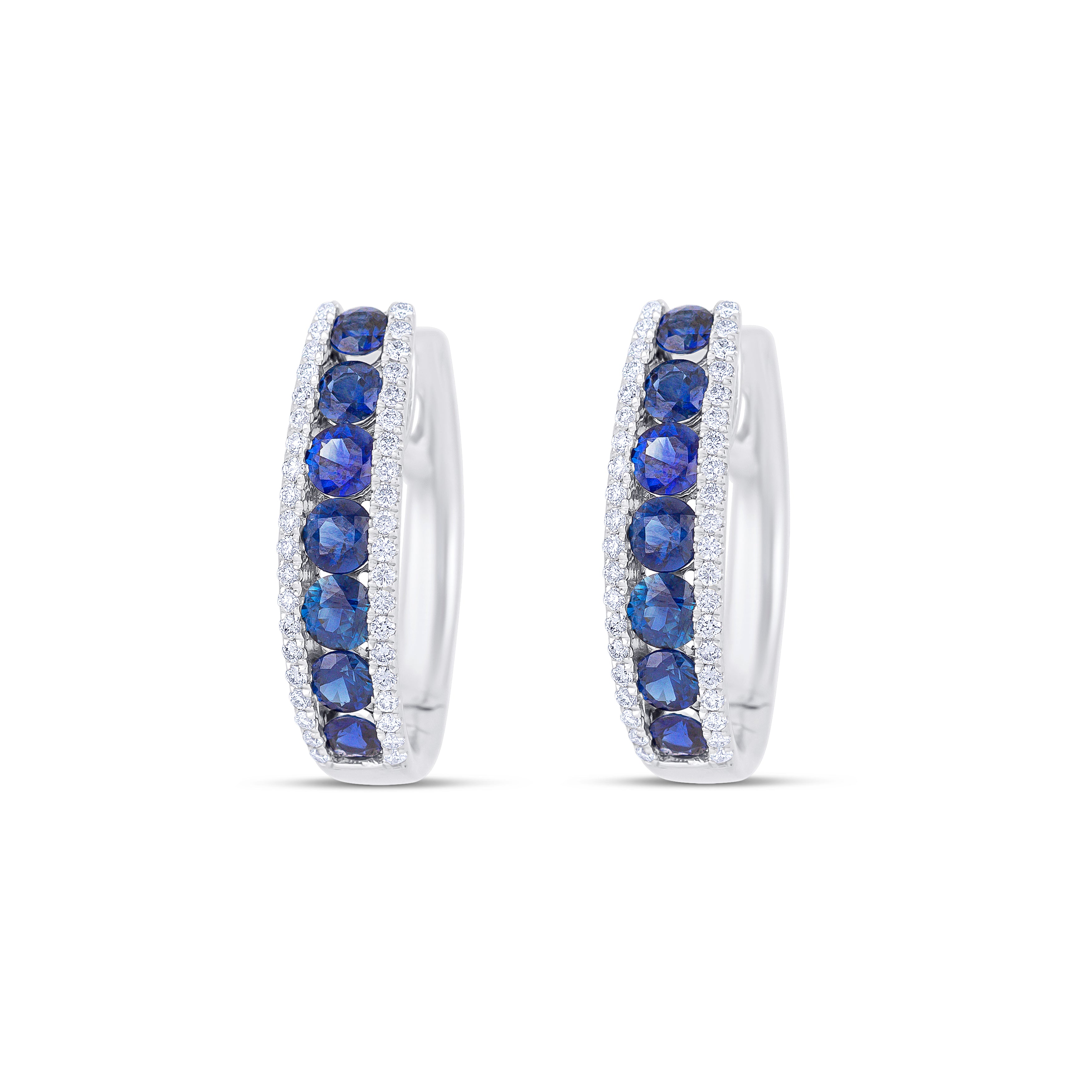18K White Gold Round Cut Sapphire and Round Cut Diamond Double Row Huggie Earrings