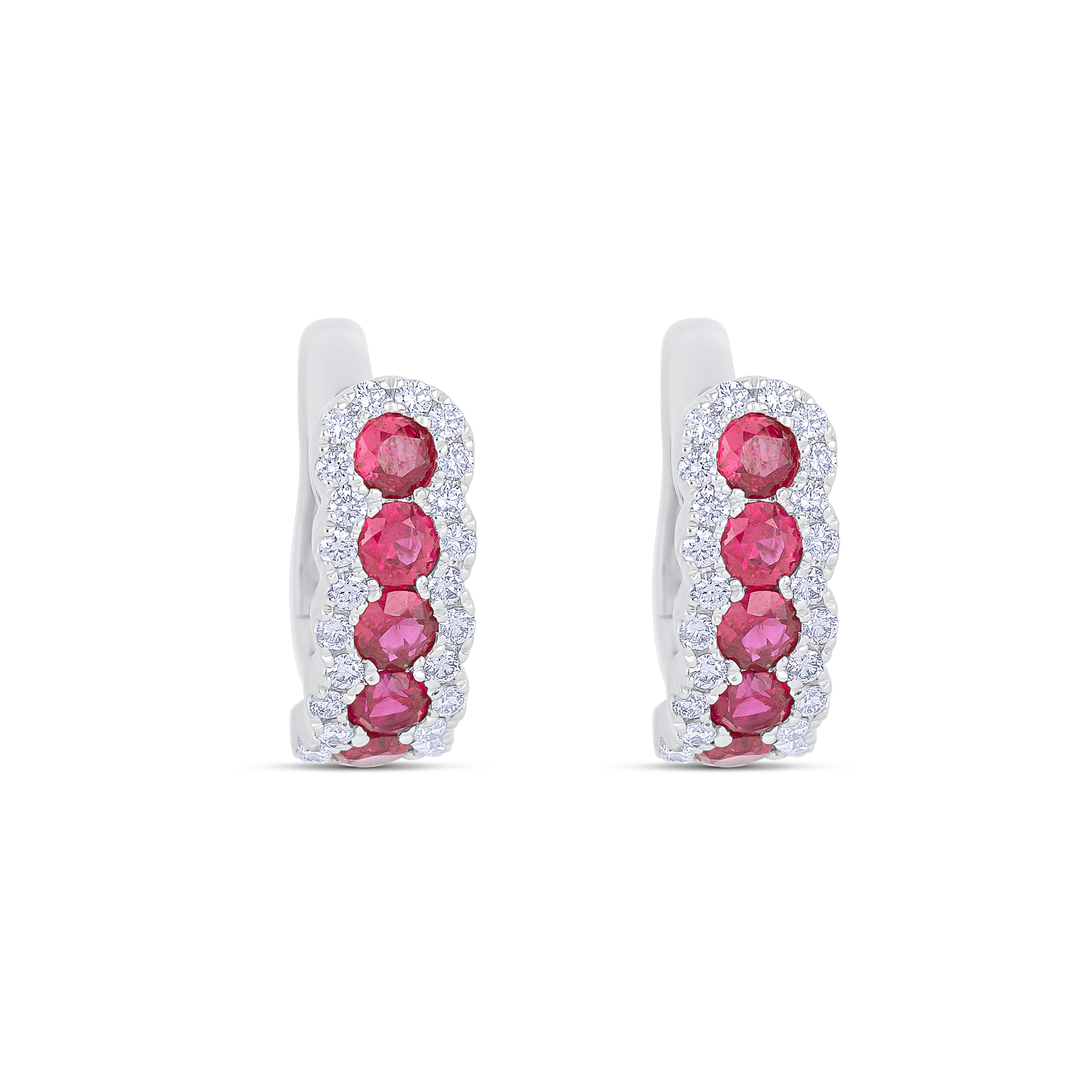18K White Gold Round Cut Ruby and Round Cut Diamonds Huggie Earrings