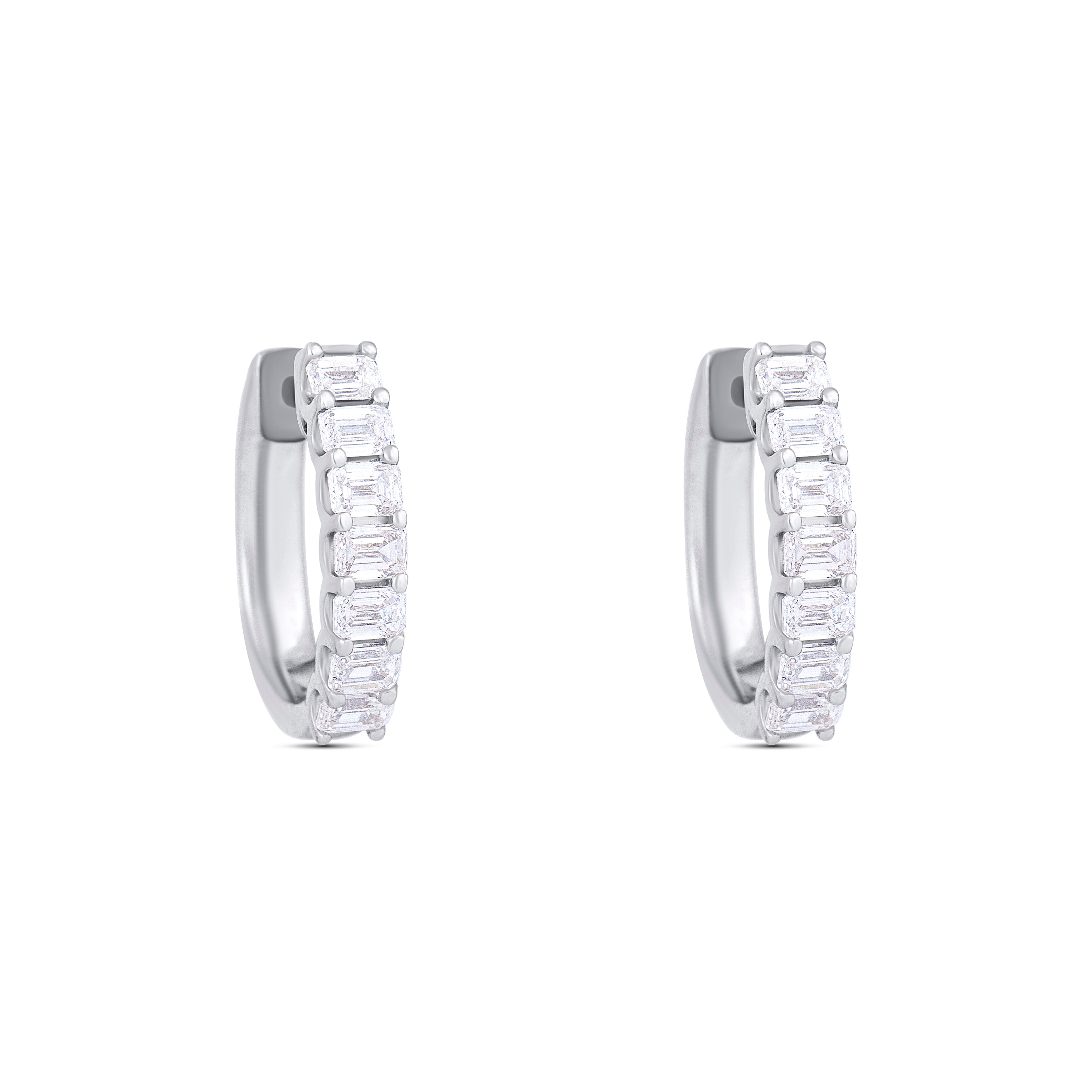 18K White Gold Emerald and Emerald Cut Diamond Hoop Earrings