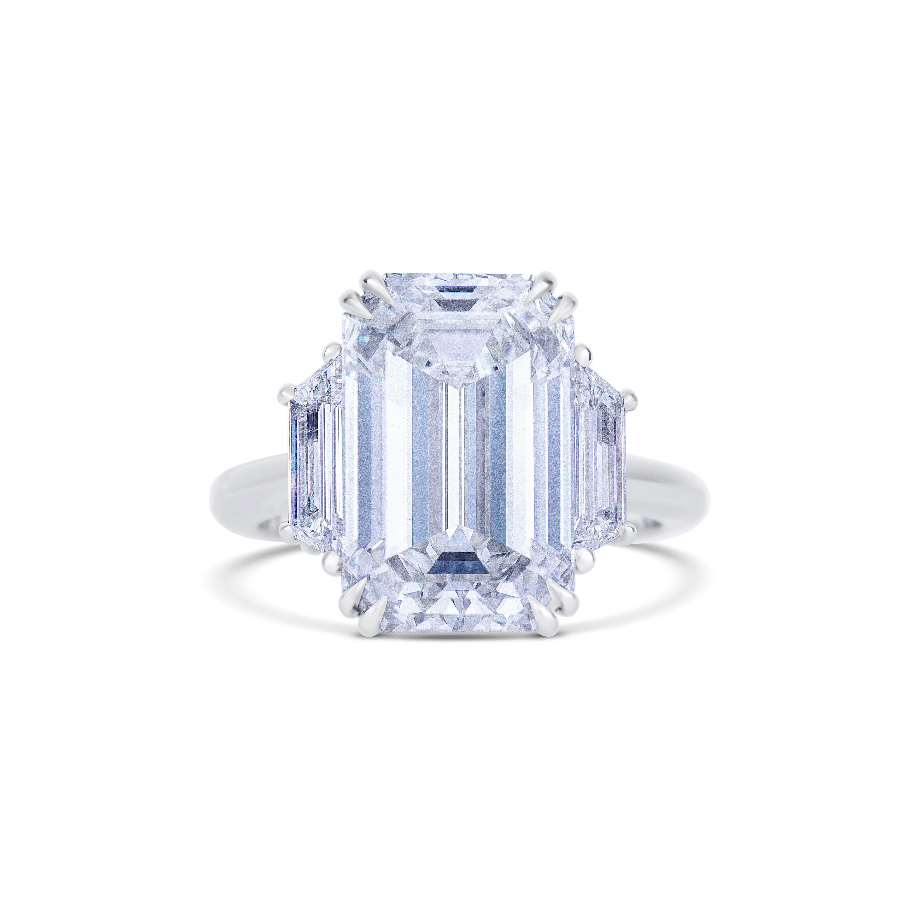 Platinum Emerald Cut Diamond Center Stone with Trapezoid Cut Side Stones Engagement Ring