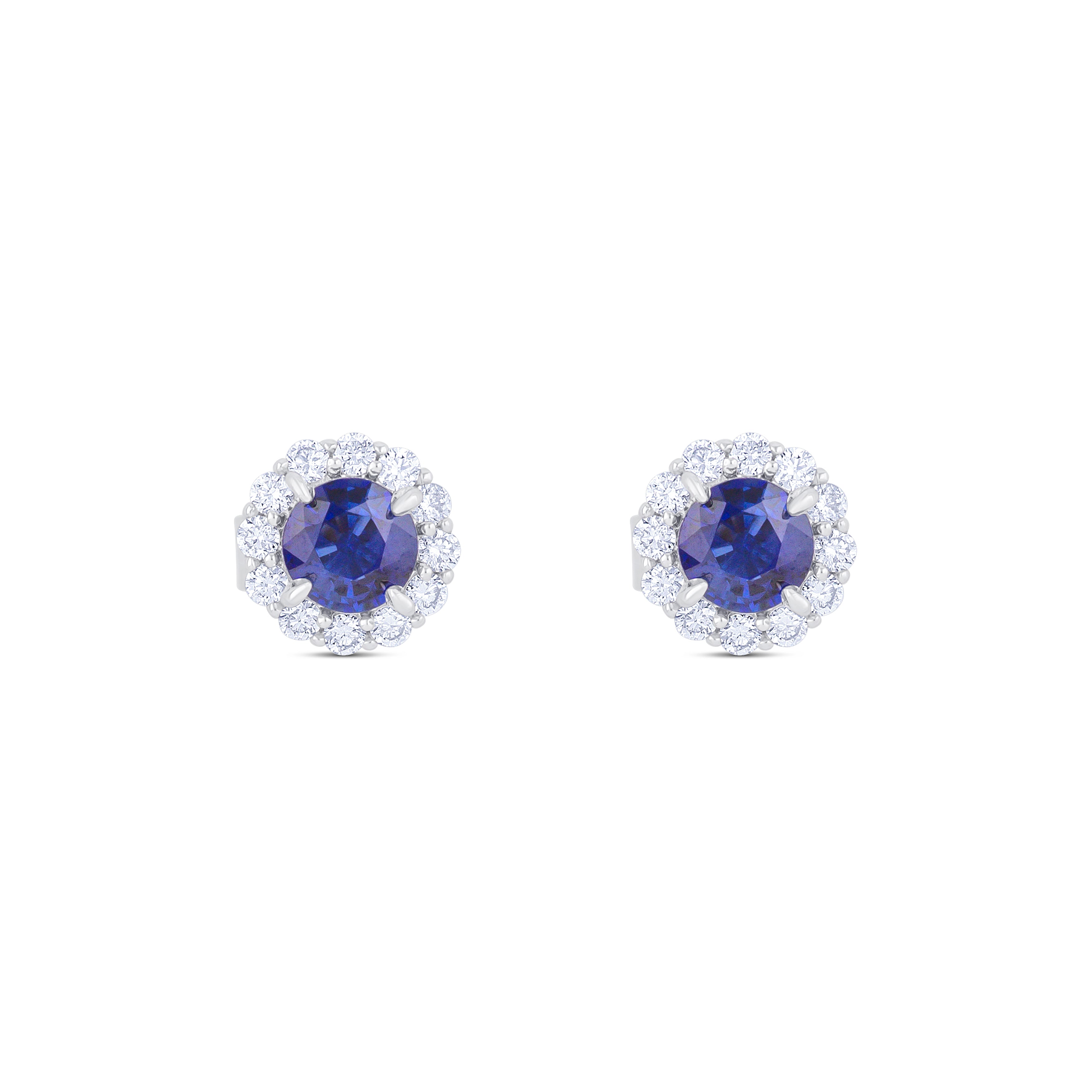 18K White Gold Round Cut Sapphire and Round Cut Diamond Halo Stud Earrings