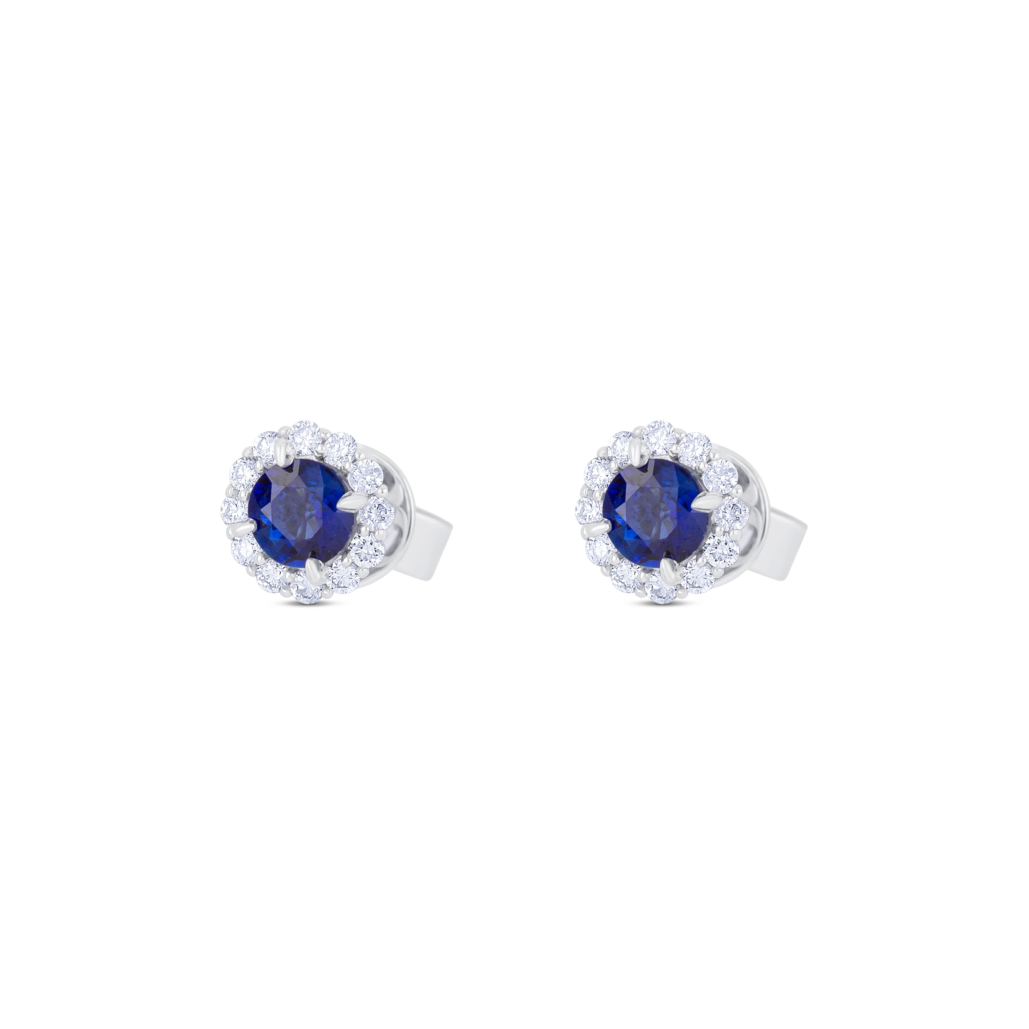 18K White Gold Round Cut Sapphire and Round Cut Diamond Halo Stud Earrings