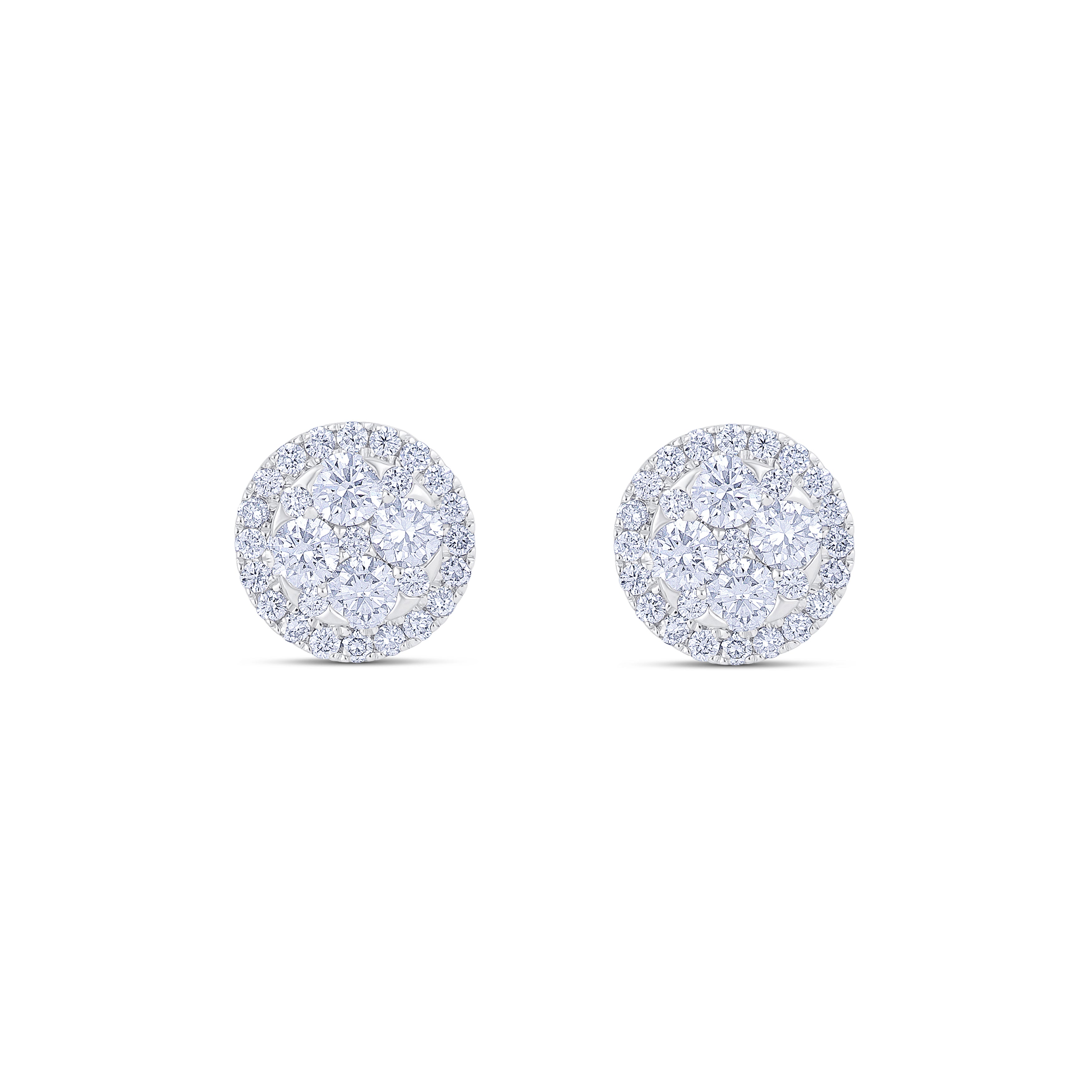 18K White Gold Round Cut Diamond and Round Cut Diamond Halo Stud Earrings