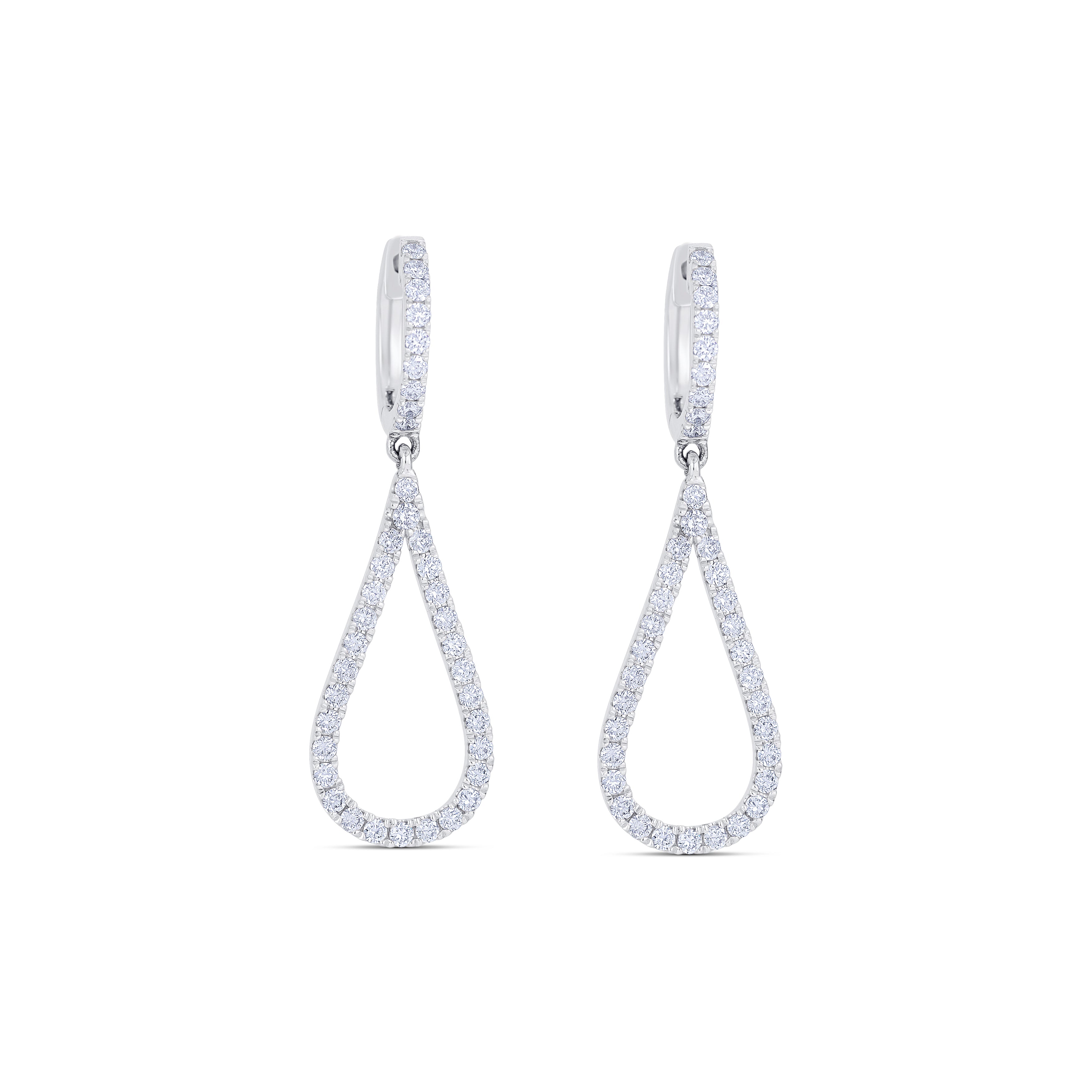 18K White Gold Round Diamond Open Tear Drop Shaped Dangle Earrings