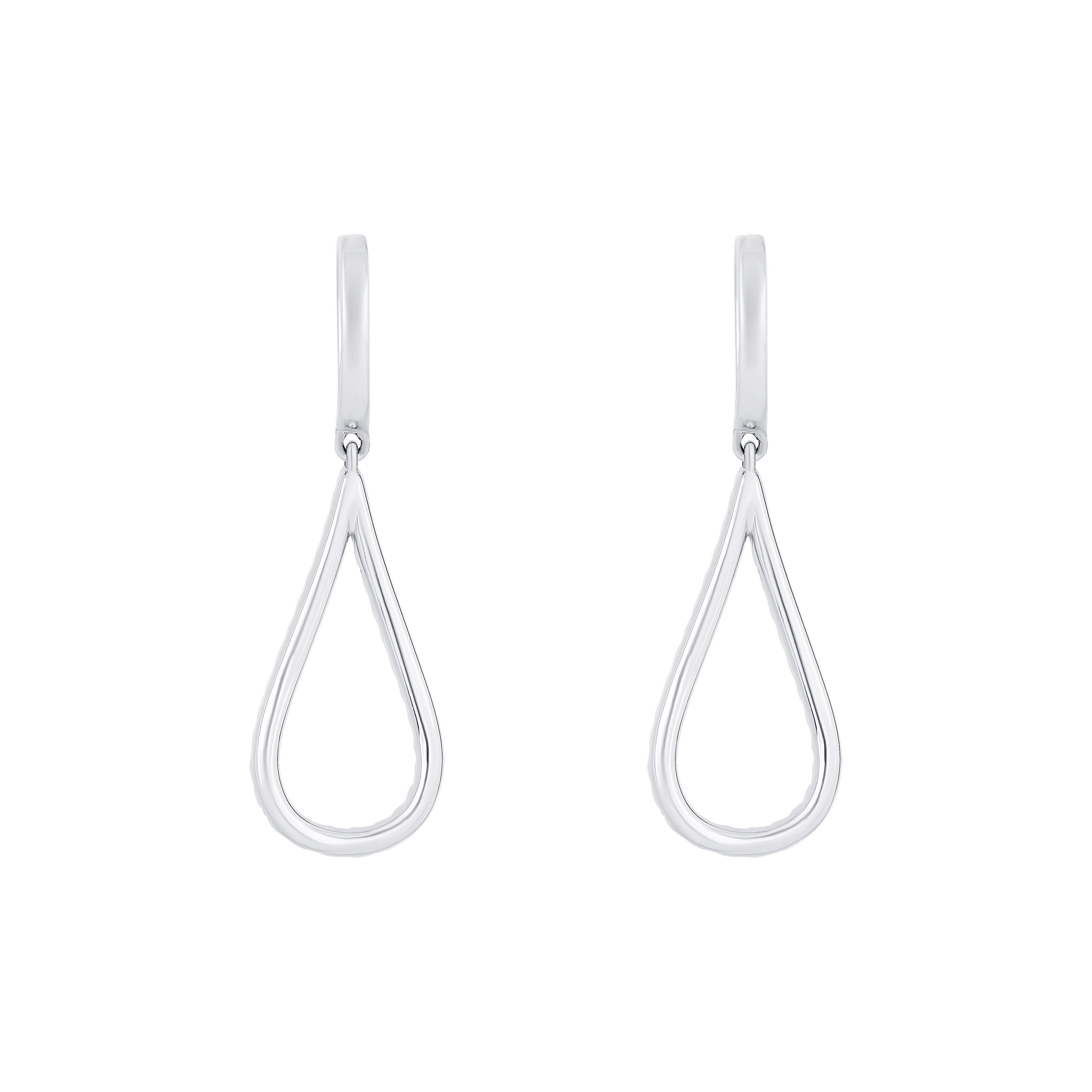 18K White Gold Round Diamond Open Tear Drop Shaped Dangle Earrings