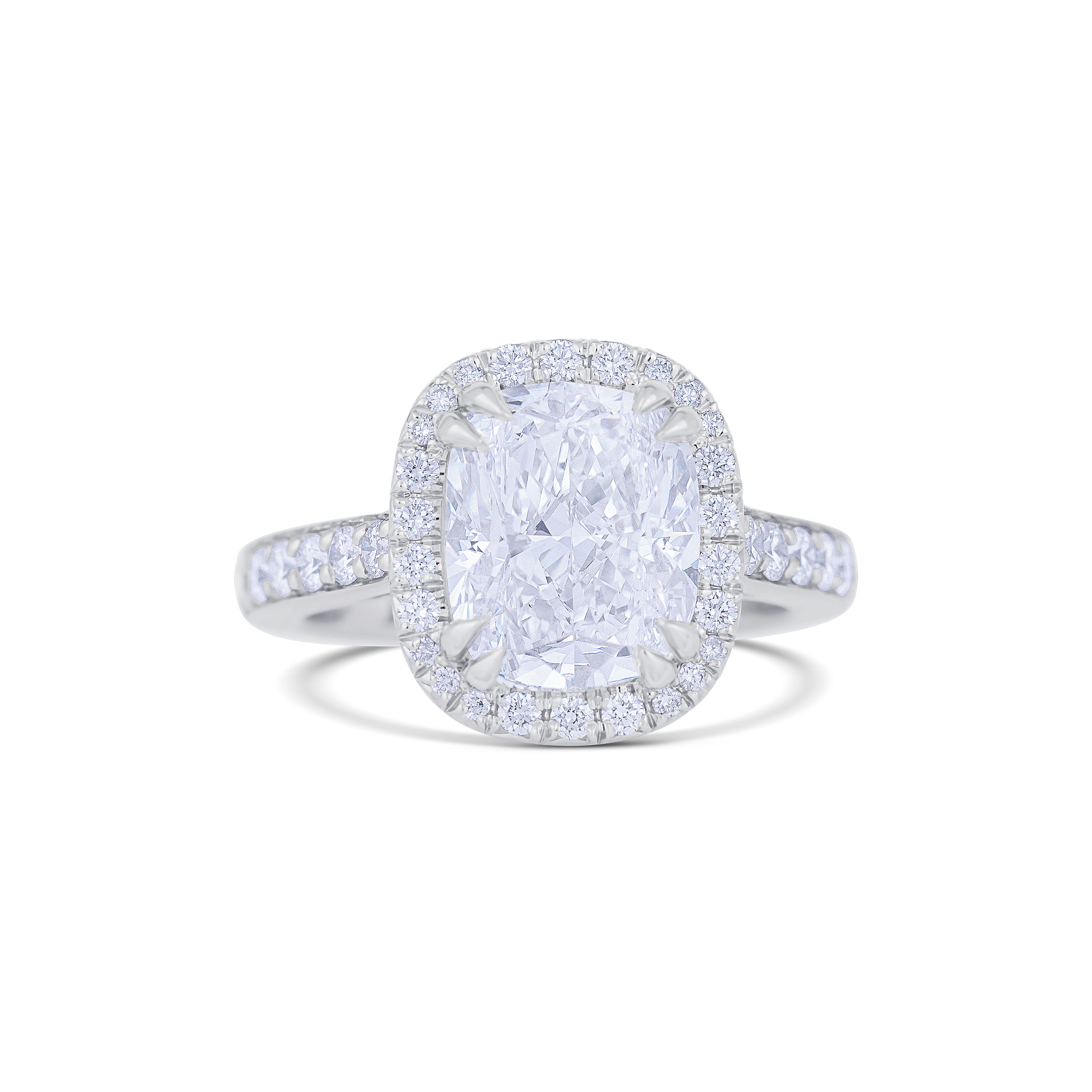 Platinum Cushion Cut Diamond with Round Cut Diamond Halo and Side Stones Engagement Ring