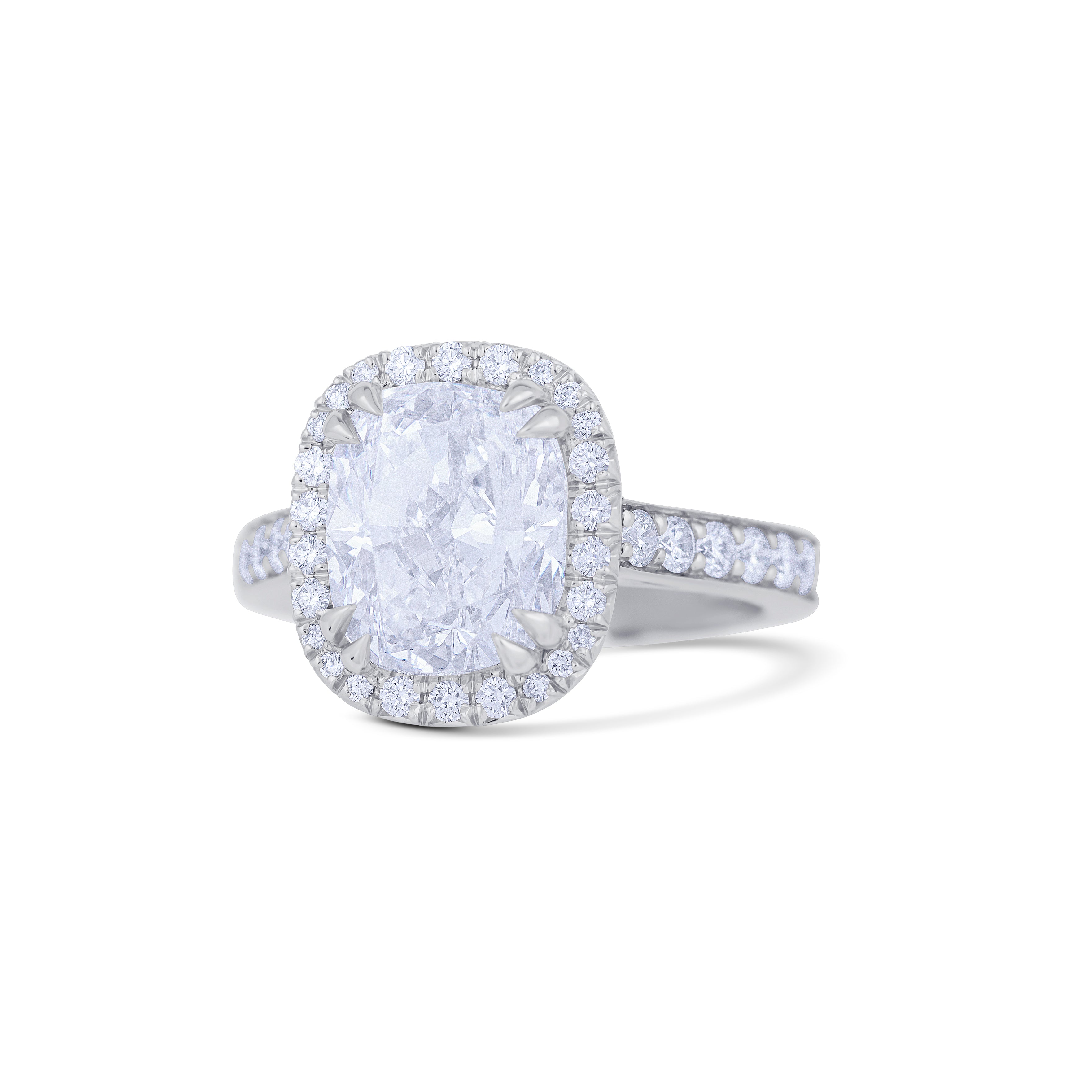 Platinum Cushion Cut Diamond with Round Cut Diamond Halo and Side Stones Engagement Ring