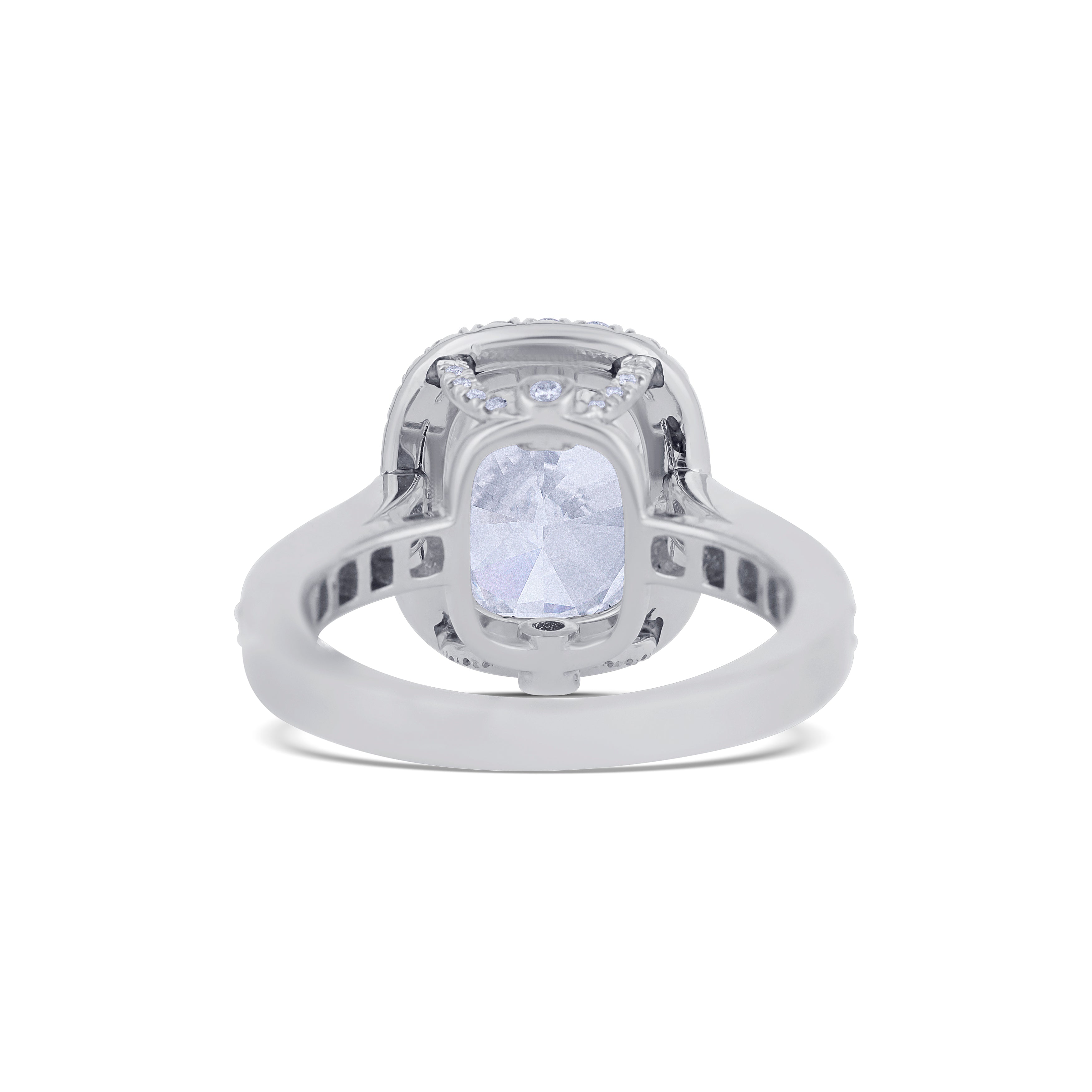 Platinum Cushion Cut Diamond with Round Cut Diamond Halo and Side Stones Engagement Ring