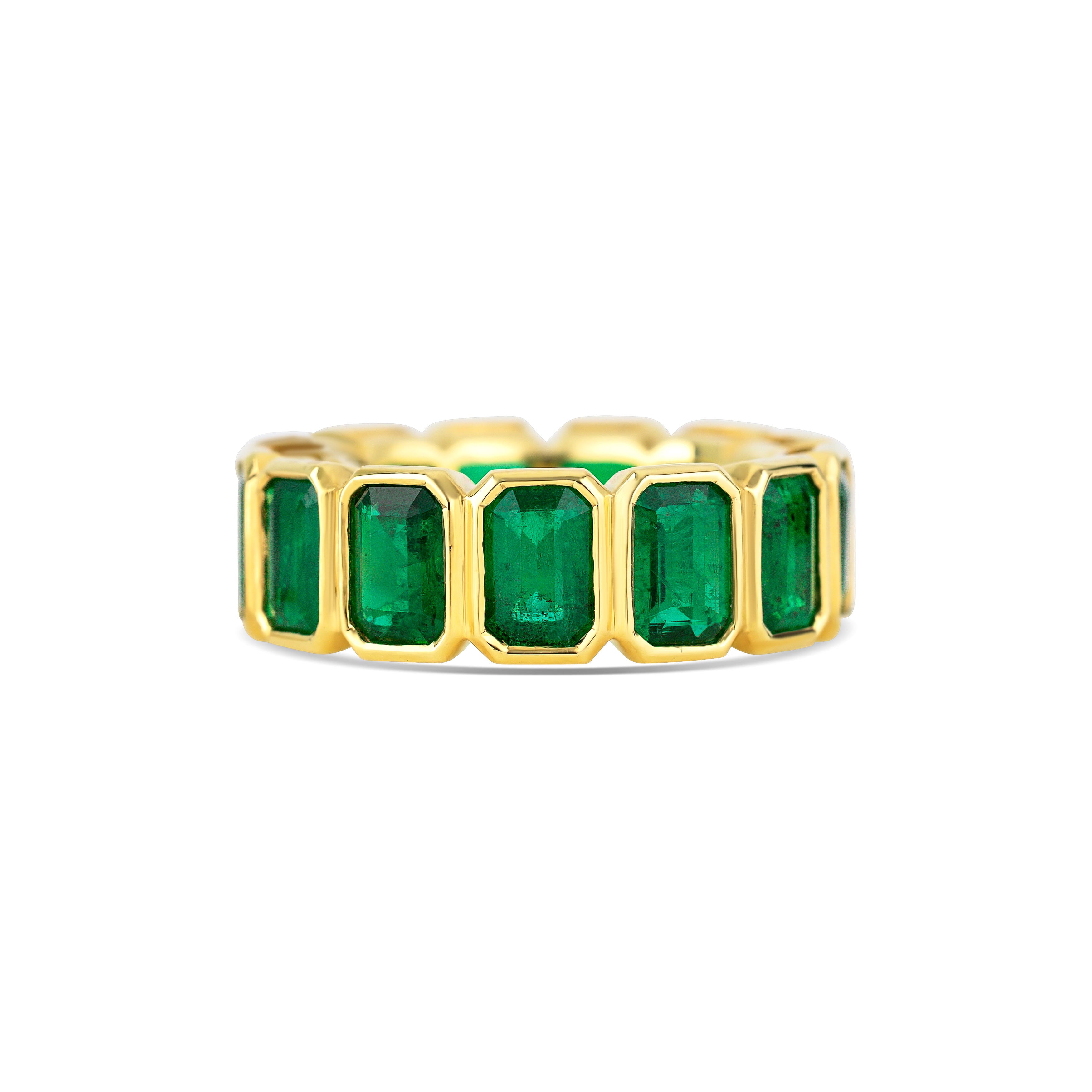 18K Yellow Gold Emerald Cut Emerald Bezel Set Eternity Band