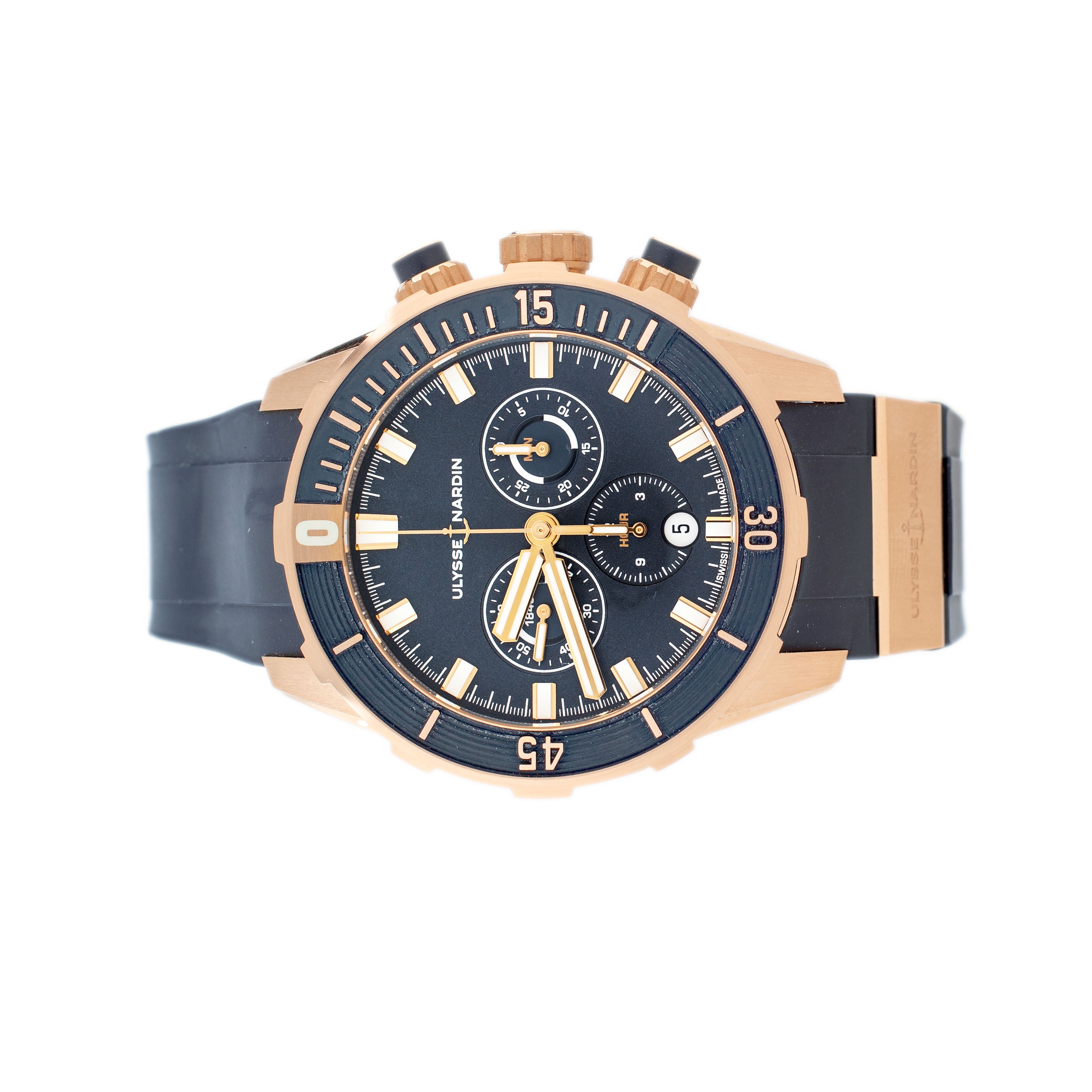 Ulysse Nardin Diver Chronograph Rose Gold Blue Dial 44mm 1502-170-3/93 Full Set