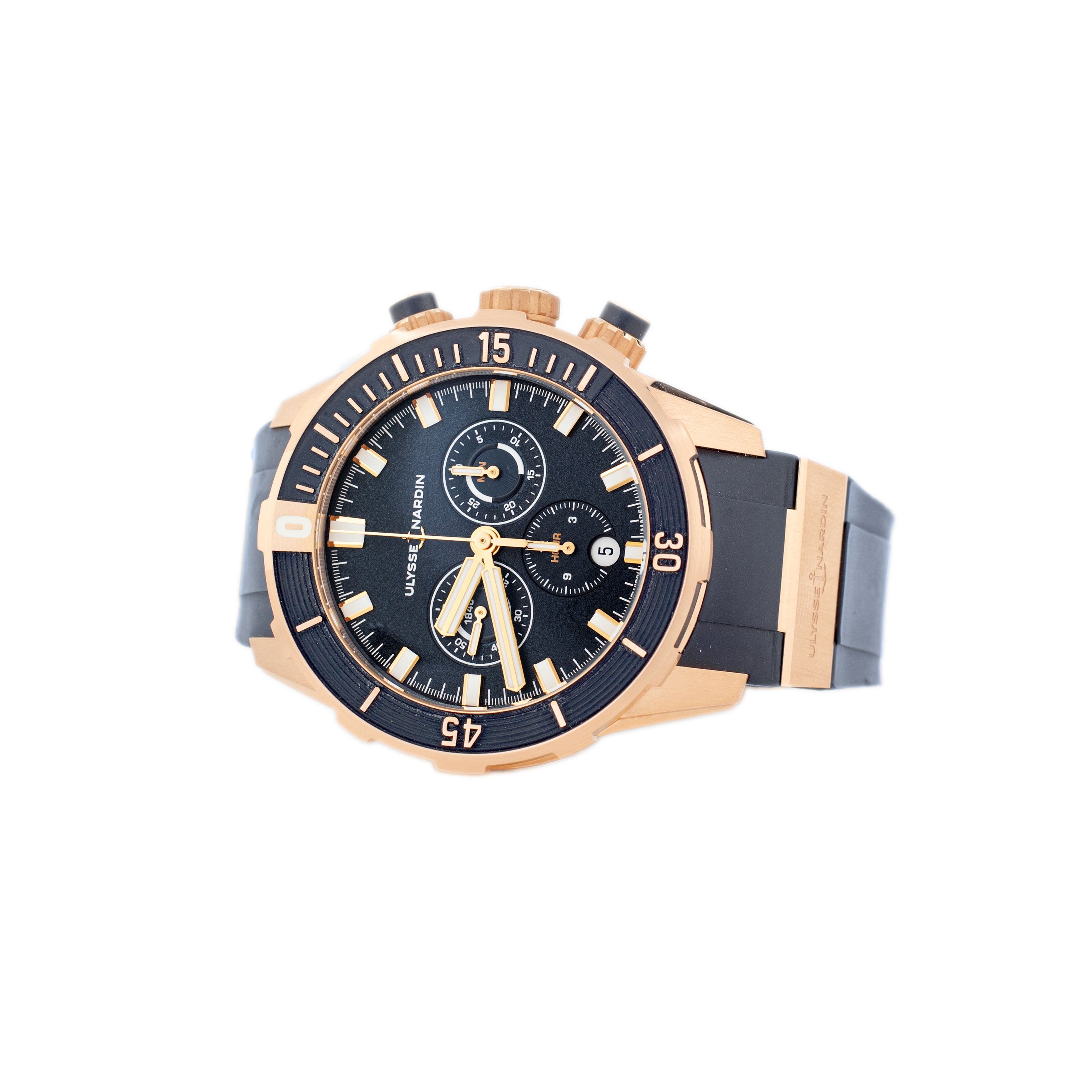 Ulysse Nardin Diver Chronograph Rose Gold Blue Dial 44mm 1502-170-3/93 Full Set