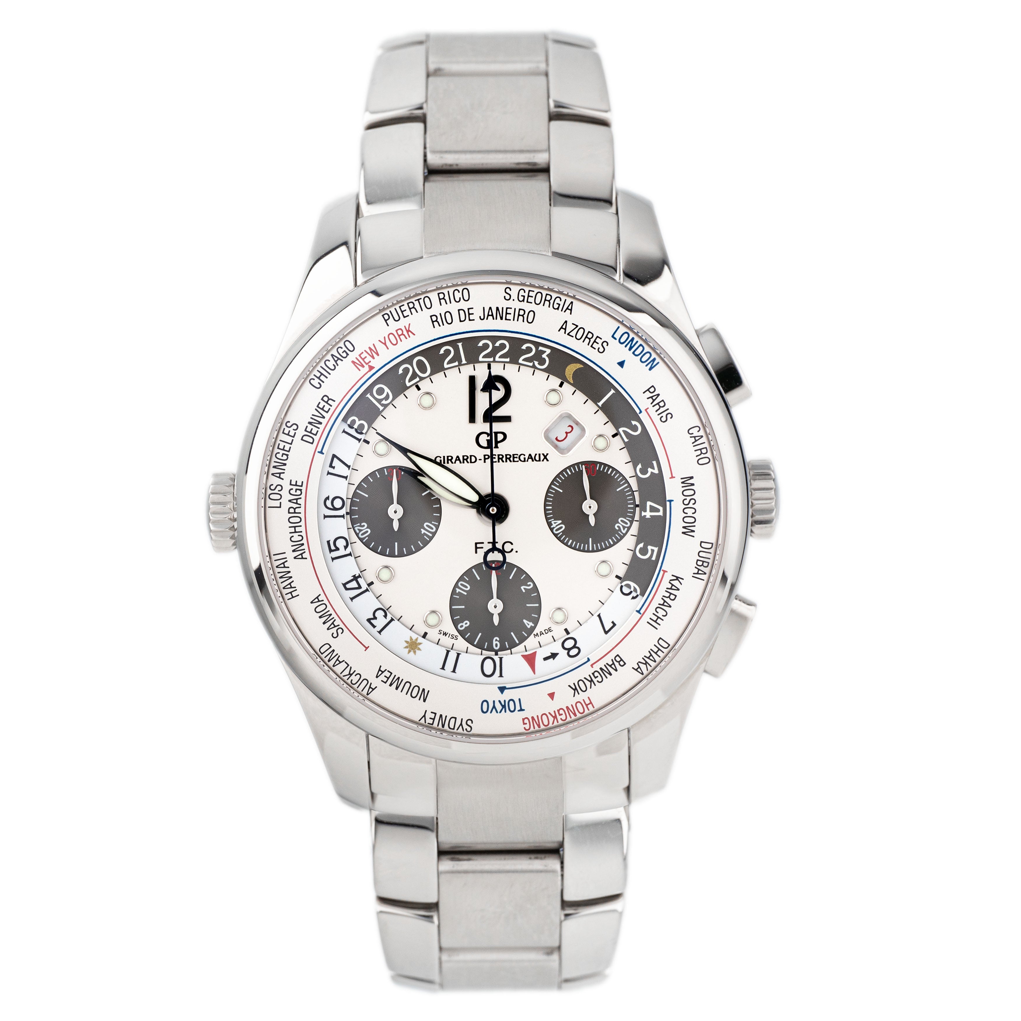 Girard Perregaux WW.TC World Time Chronograph Stainless Steel Silver Dial 43mm 49805-11-152-11A Full Set