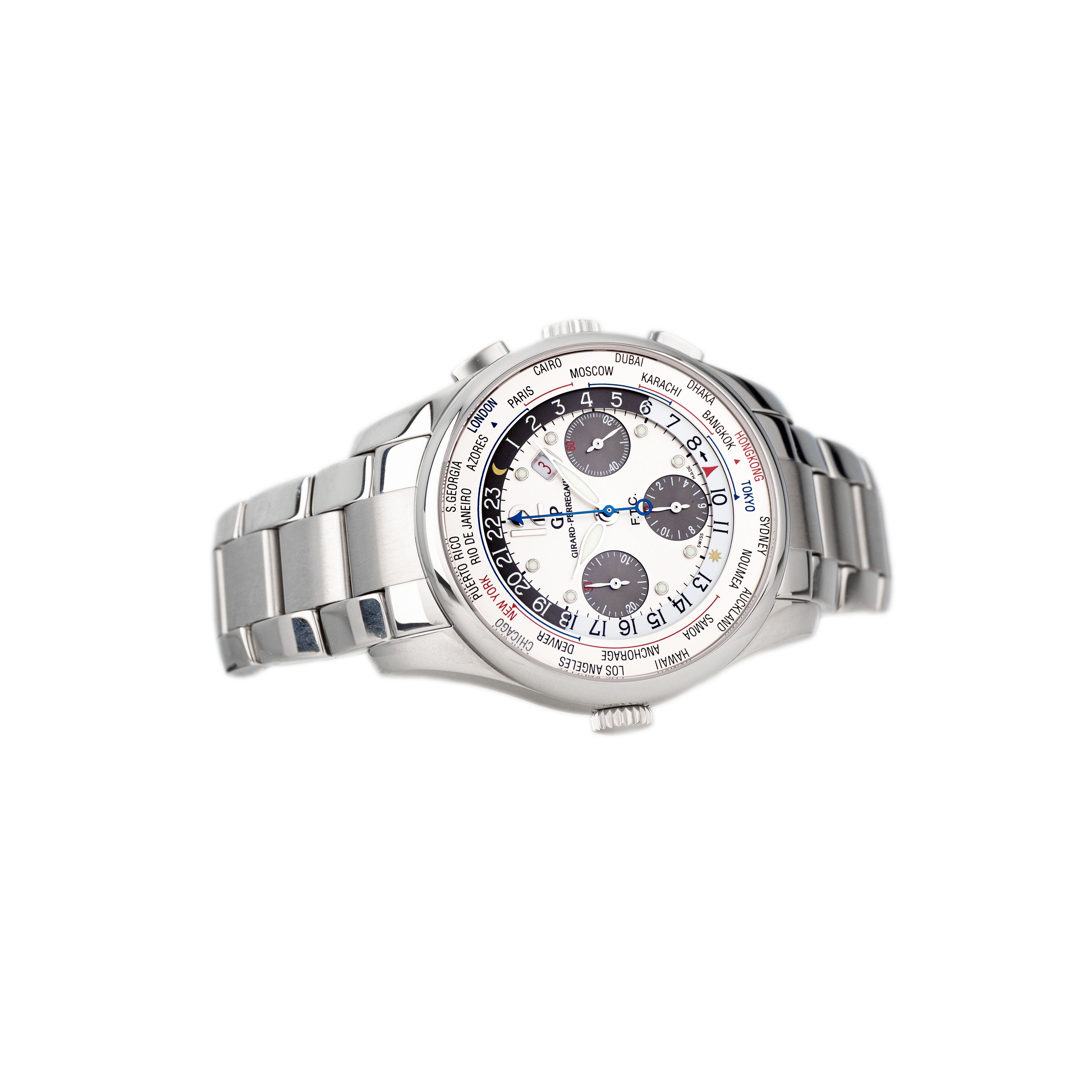 Girard Perregaux WW.TC World Time Chronograph Stainless Steel Silver Dial 43mm 49805-11-152-11A Full Set