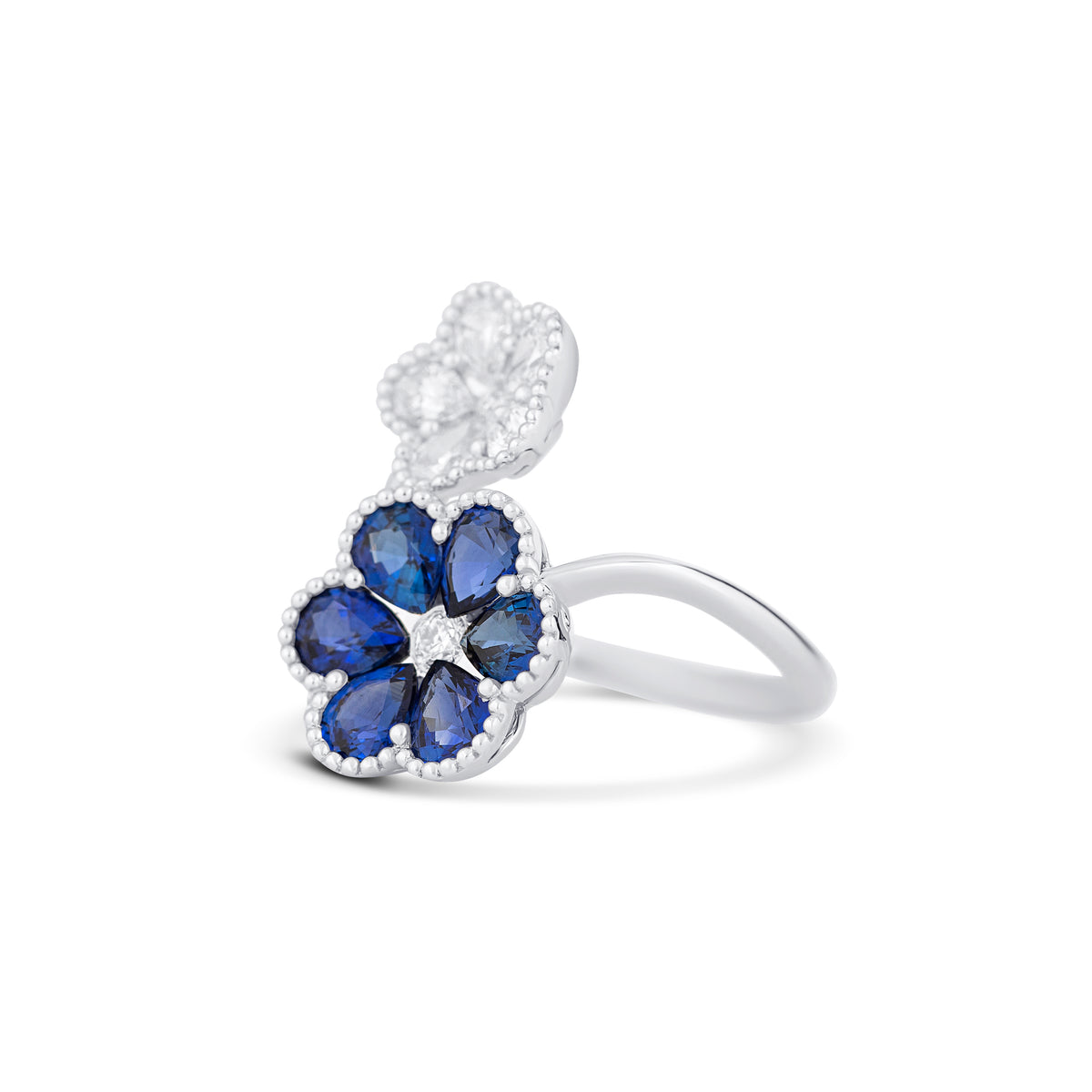 18k White Gold Sapphire and Pear Diamond Flower Bypass Ring