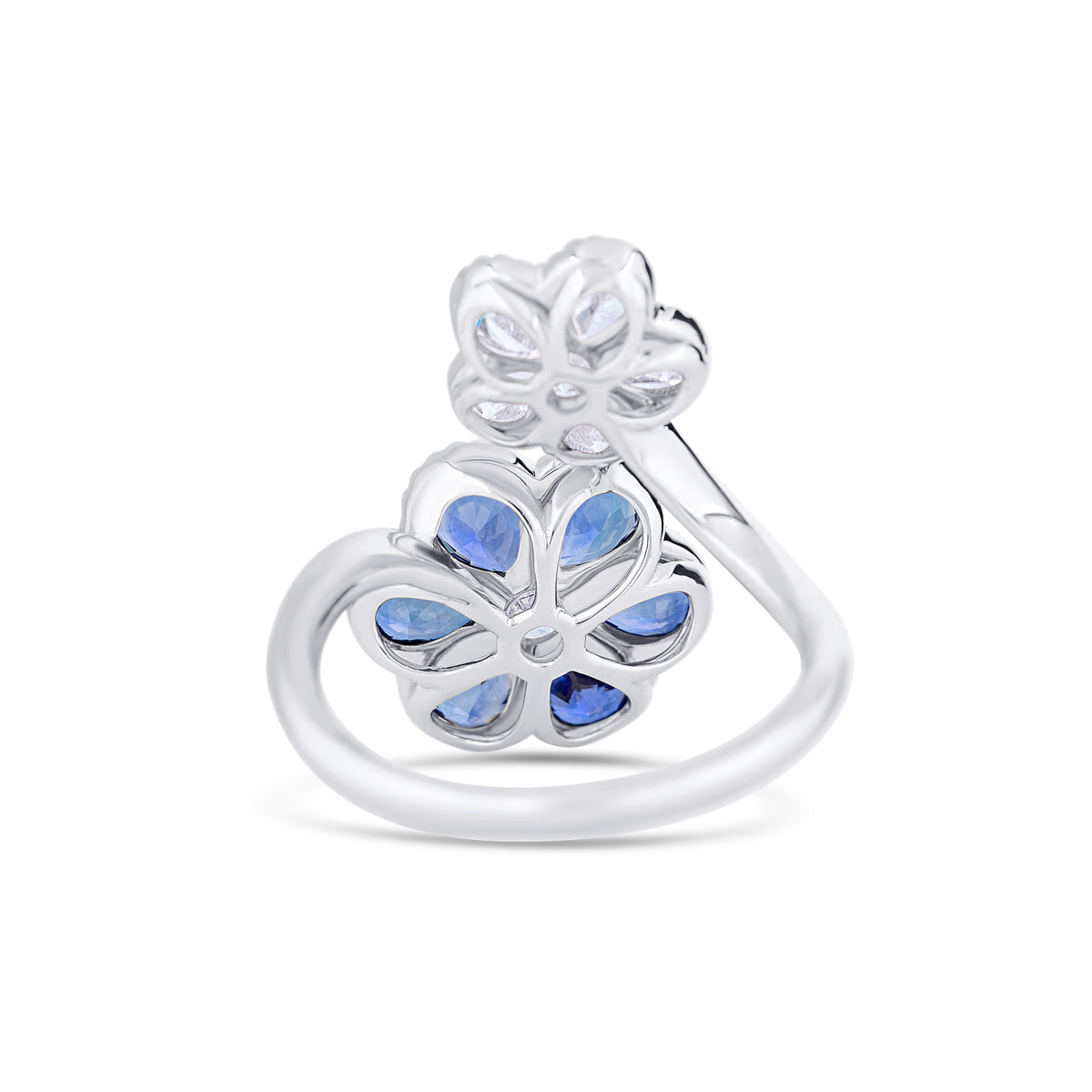 18k White Gold Sapphire and Pear Diamond Flower Bypass Ring