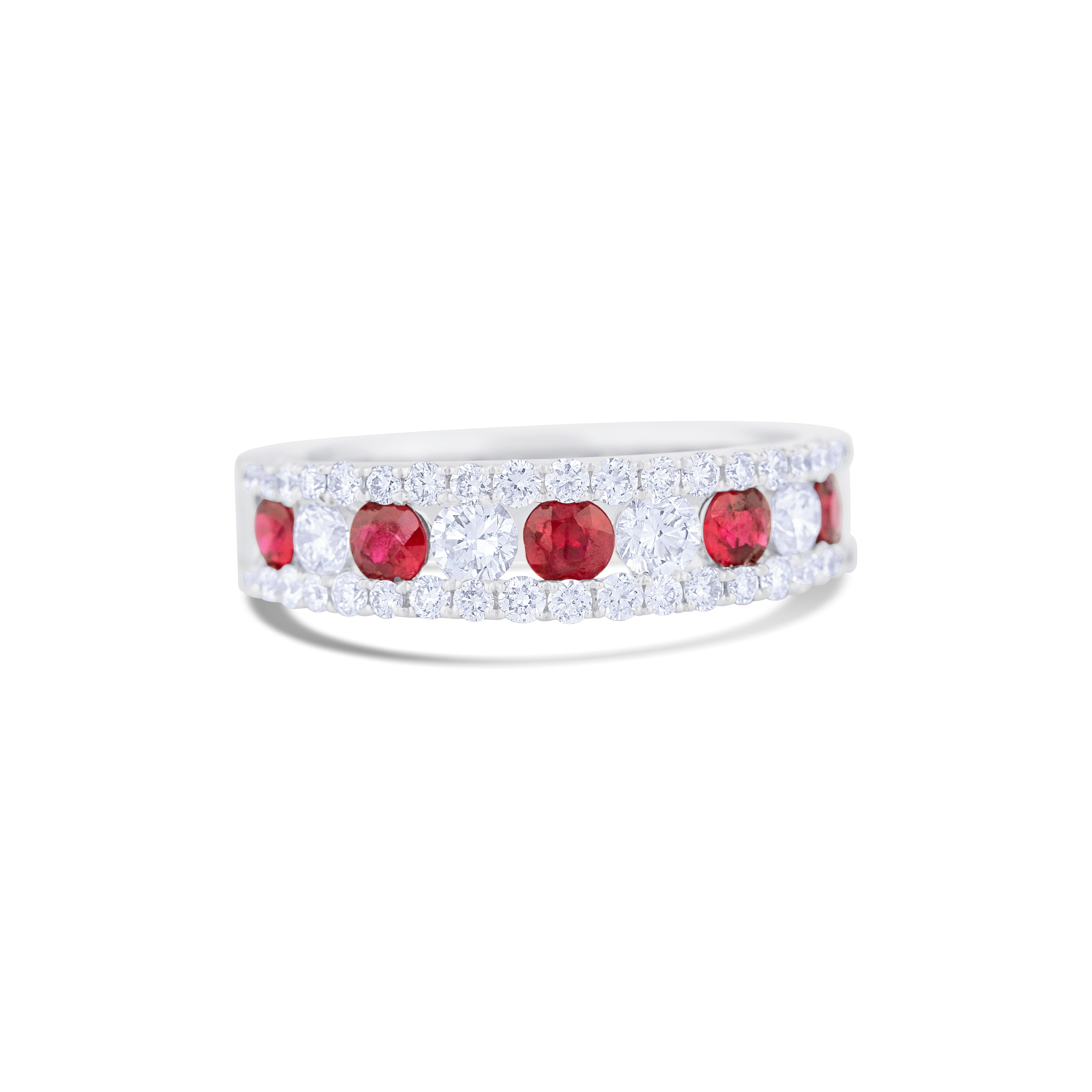 18K White Gold Round Ruby and Round Diamond Wedding Band