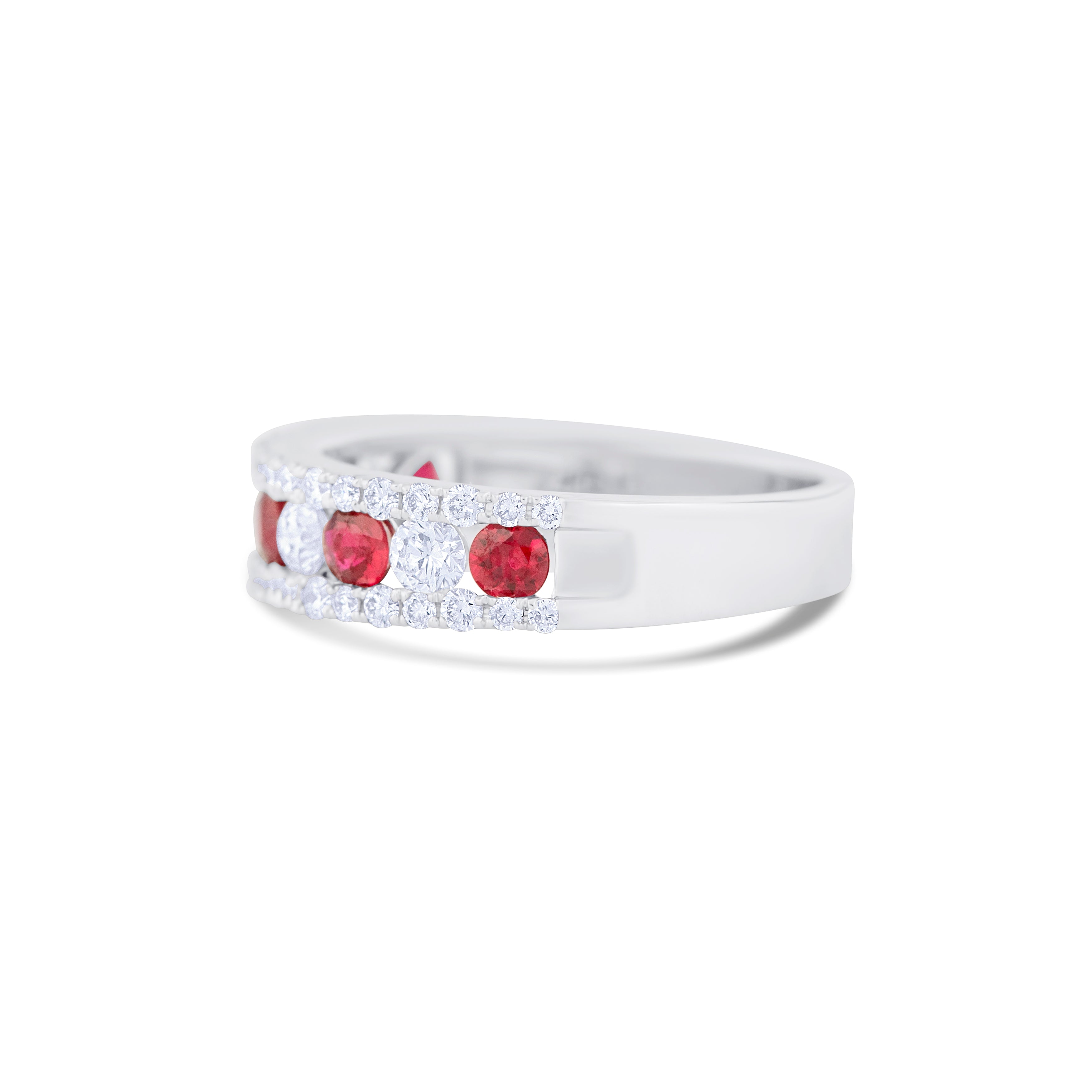 18K White Gold Round Ruby and Round Diamond Wedding Band