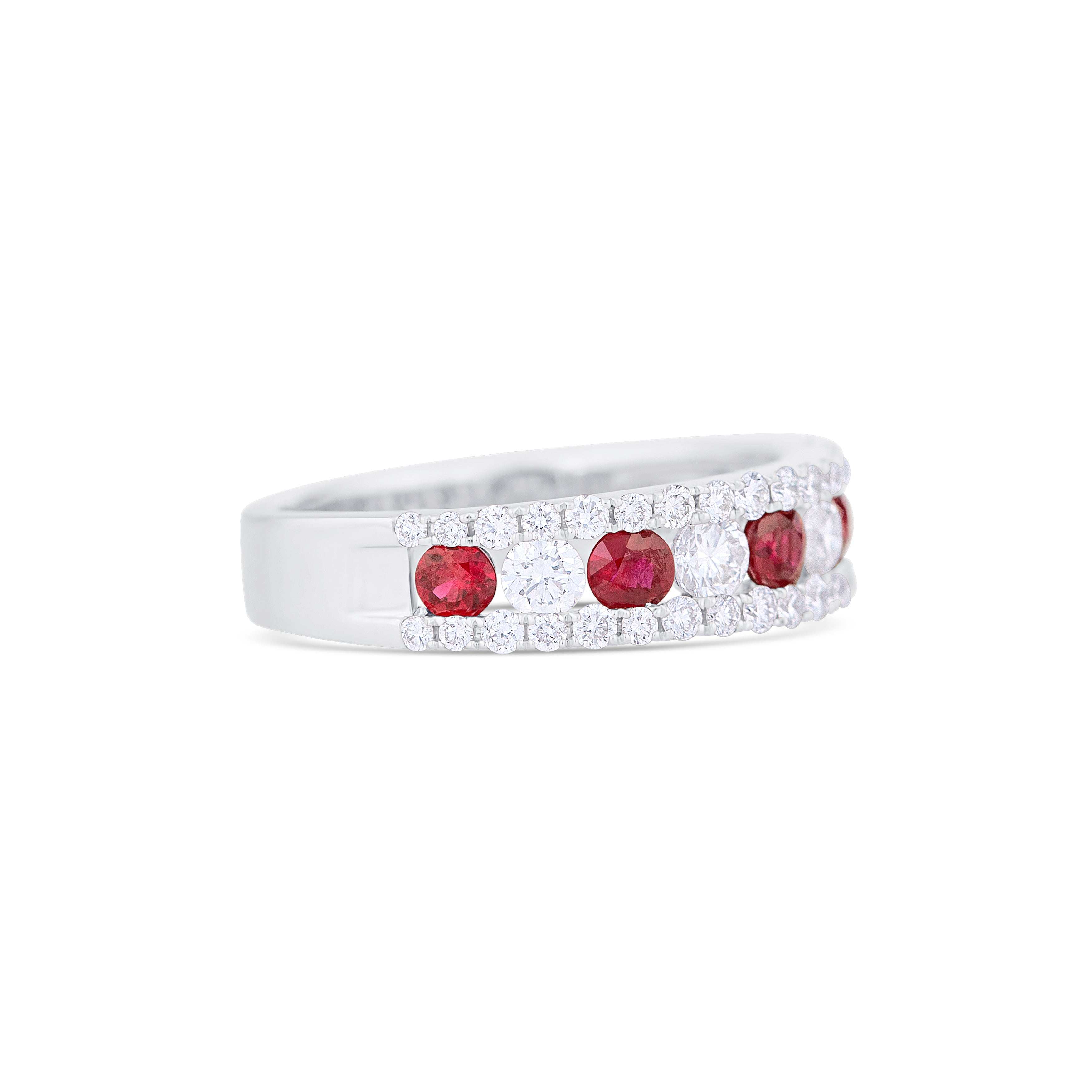 18K White Gold Round Ruby and Round Diamond Wedding Band