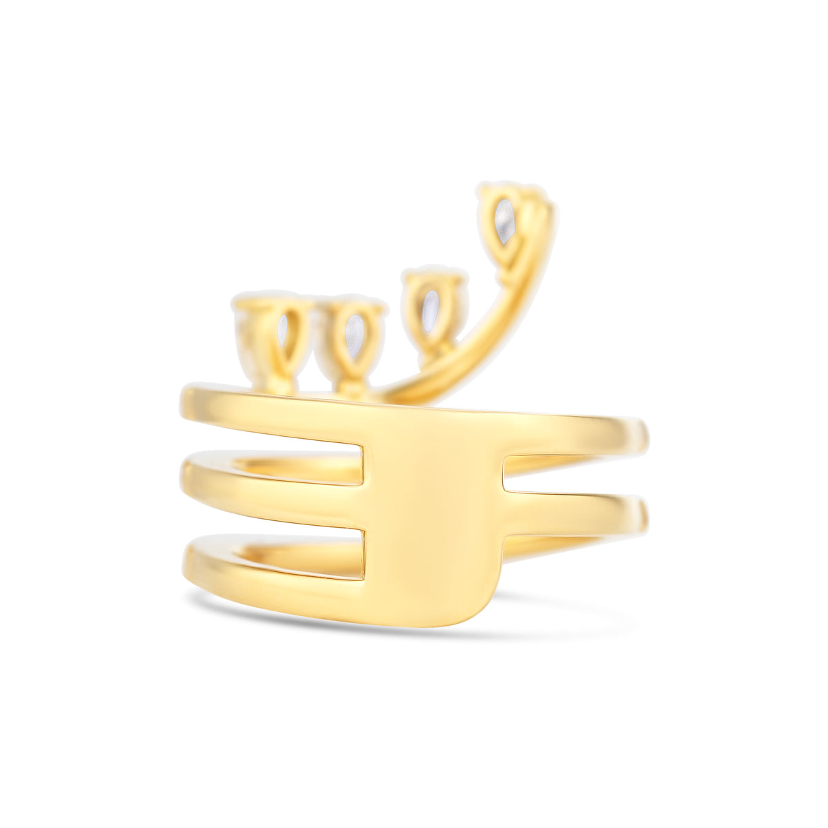 18k Yellow Gold Pear and Round Diamond Pave Three-Row Ring