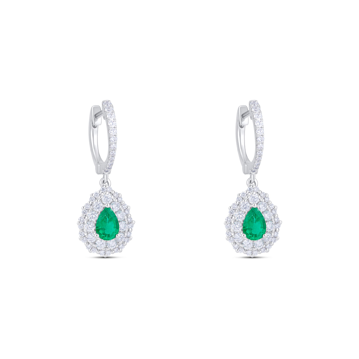 18k White Gold Pear Emerald and Diamond Halo Drop Earrings